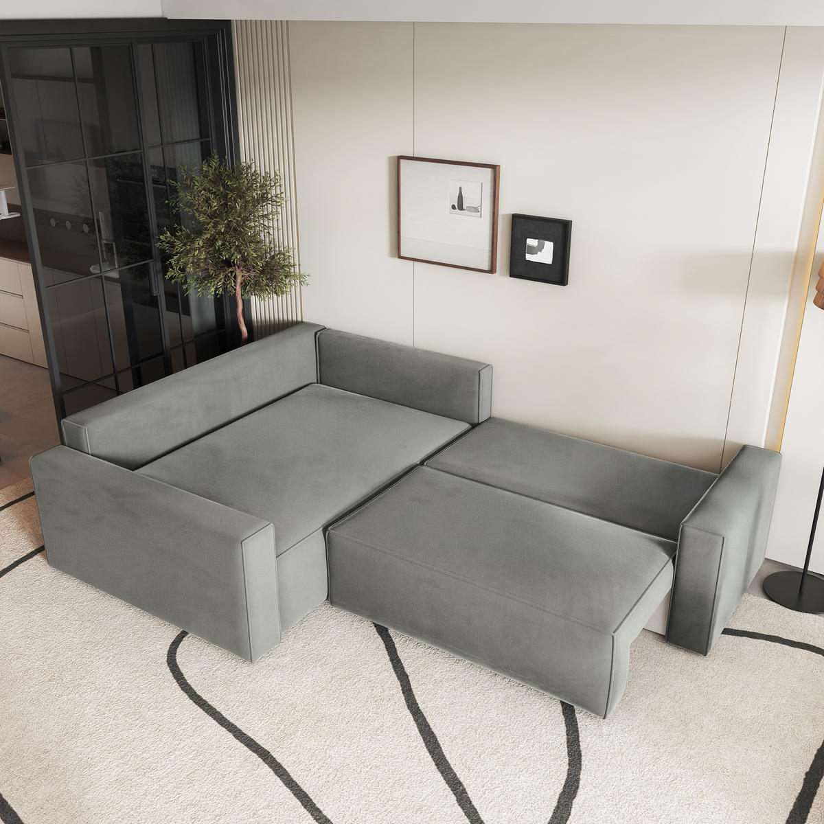 ECKSOFA ERONIS L-S Hellgrau Velours-Stoff mit Schlaffunktion - Hellgrau, Holz (265/194cm) - MASSENO