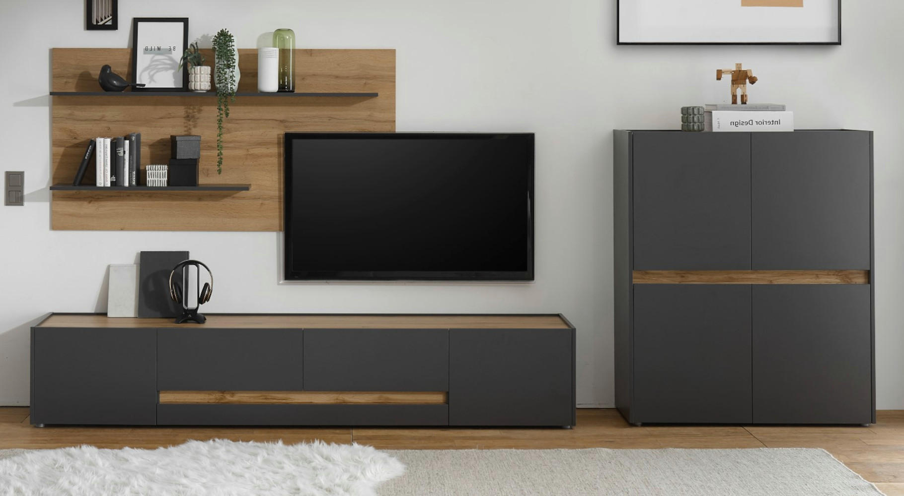 WOHNWAND 3-teilig grau matt, Eiche Wotan 340 cm, Schrankwand mit mit XL-TV-Schrank - Eiche Wotan/Grau, Holz/Holzwerkstoff (360/180/45cm) - Furn.Design