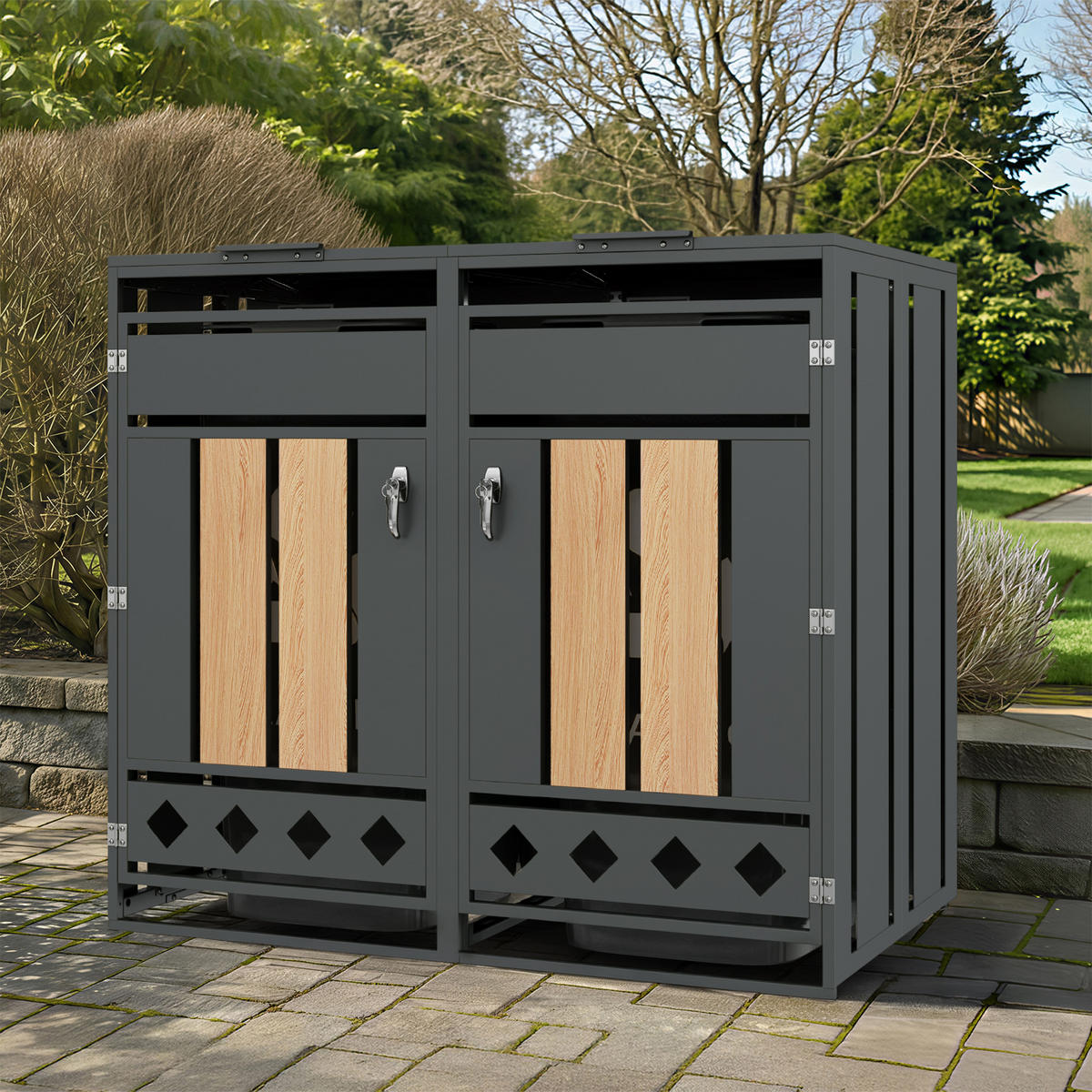 MÜLLTONNENBOX Klappdeckel 2 Türen Holzoptik vertikal - Grau, Metall (132/118.5/80cm) - LEBENLANG