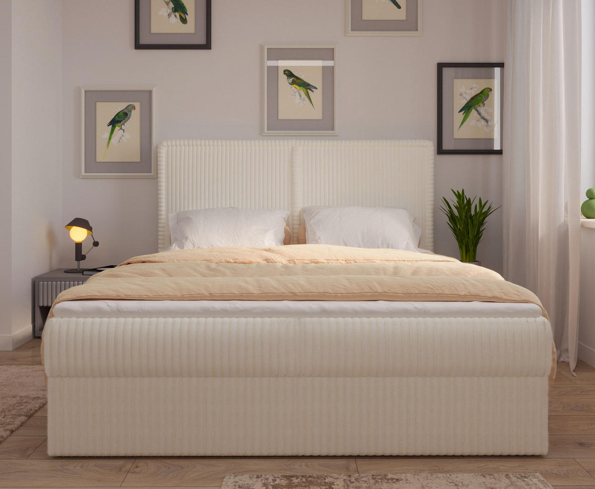BOXBETT 04 180 x 200 cm - Ambience – Modernes Polsterbett mit Bettkasten, Topper und gepolstertem Kopfteil, Stoffbezug, Stauraumbett - Beige, Holz (180/200cm) - ROYAL24_MARKT