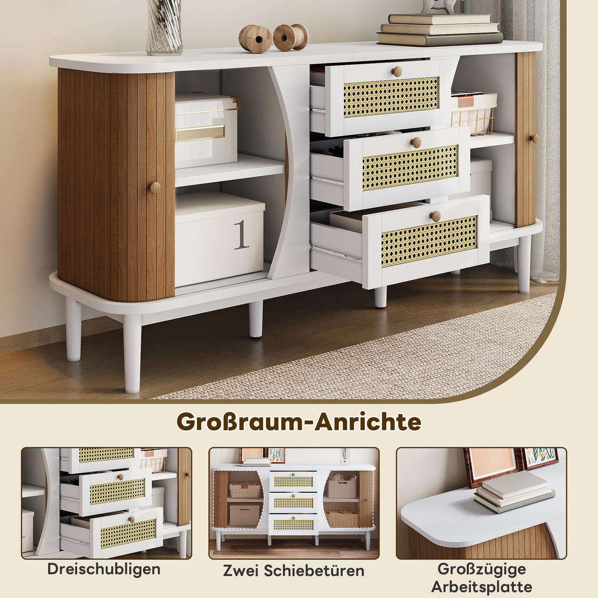 SIDEBOARD in Weiß & Holz-Optik Rattankommode mit 3 Schubladen & Bogen-Design - Weiß, Holzwerkstoff (140.5/76/40cm) - Urban Meuble
