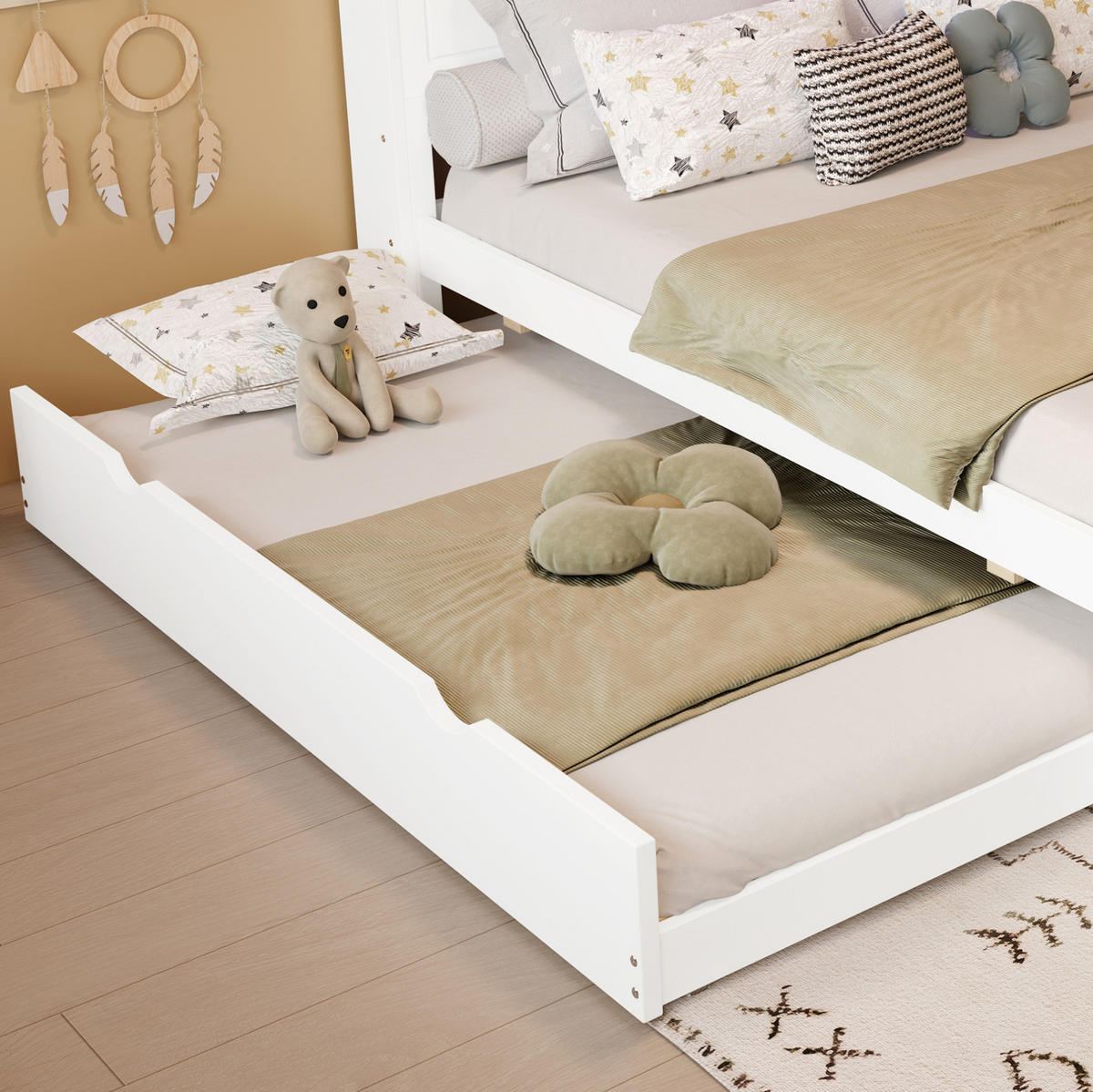 DOPPELBETT aus Kiefernholz und MDF 120x200 cm Weiß mit Ausziehbett, LED-Beleuchtung und Ladebuchse - Weiß, Holz (120/200cm) - IVMEU