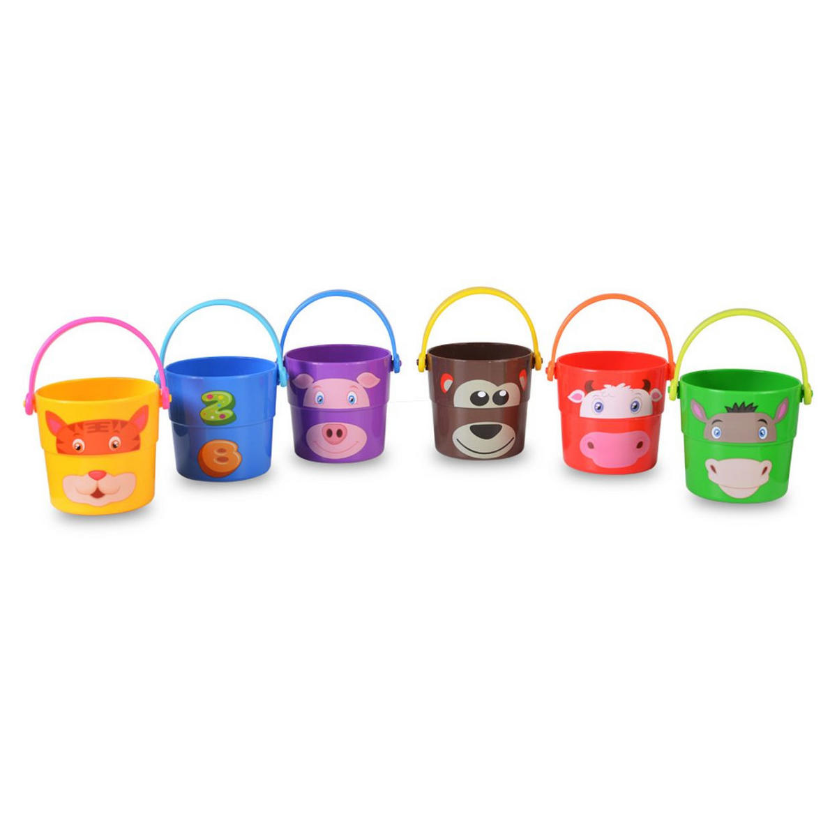 SANDSPIELZEUG K999-219B rot 6 bunte Eimer, Wasser und Sand, Kunststoff, ab 12 Monaten, Strandspiel - Rot, Kunststoff (7/7/23cm) - Moni