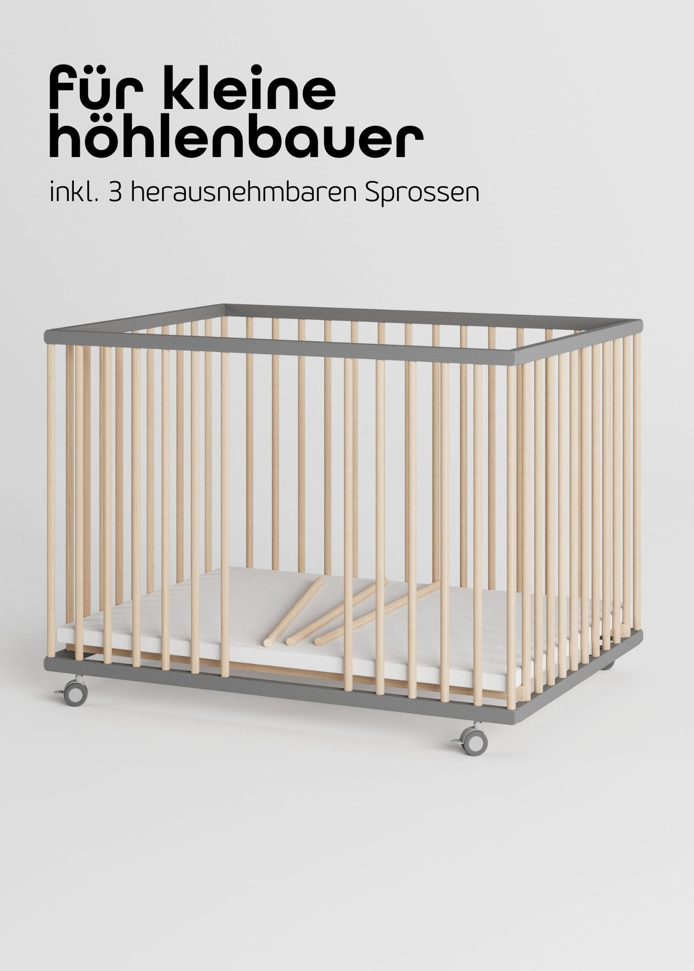 LAUFGITTER 75x100 cm mit Matratze & Schlupfsprossen - grau/natur - Premium Kollektion - Naturfarben/Grau, Holz (100/74/75cm) - Sämann – make a difference.