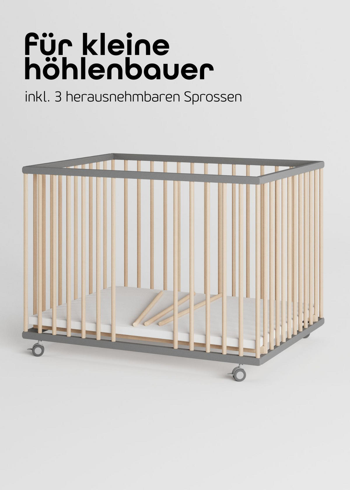 LAUFGITTER 75x100 cm mit Matratze SleepPlus, Lattenrost & Schlupfsprossen - grau/natur - Premium Kollektion - Naturfarben/Grau, Holz (100/74/75cm) - Sämann – make a difference.