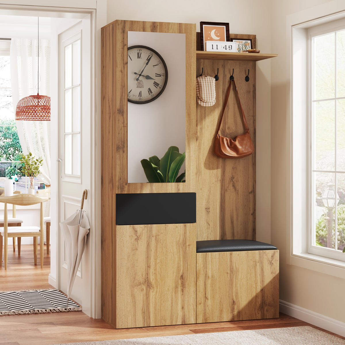 GARDEROBENSET Spiegel Haken Schuhbank - Naturfarben, Holz (98.5/191/38cm) - Fortuna Lai