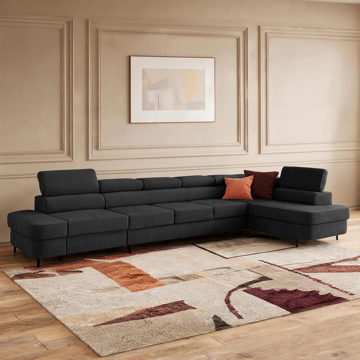 ECKSOFA PRIAM XXL L-Form Rechts mit Schlaffunktion 125x265 Velours Schwarz - Schwarz, Holz/Textil (420/203cm) - Muffo