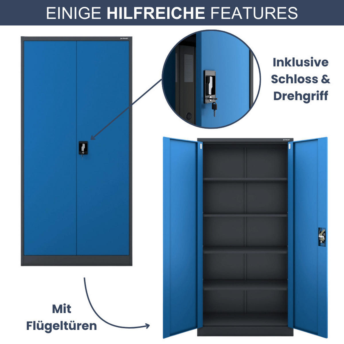 AKTENSCHRANK abschließbar 4er Set KADO 195x90x40cm Anthrazit-Blau - Anthrazit, Metall (90/195/40cm) - DELUKE