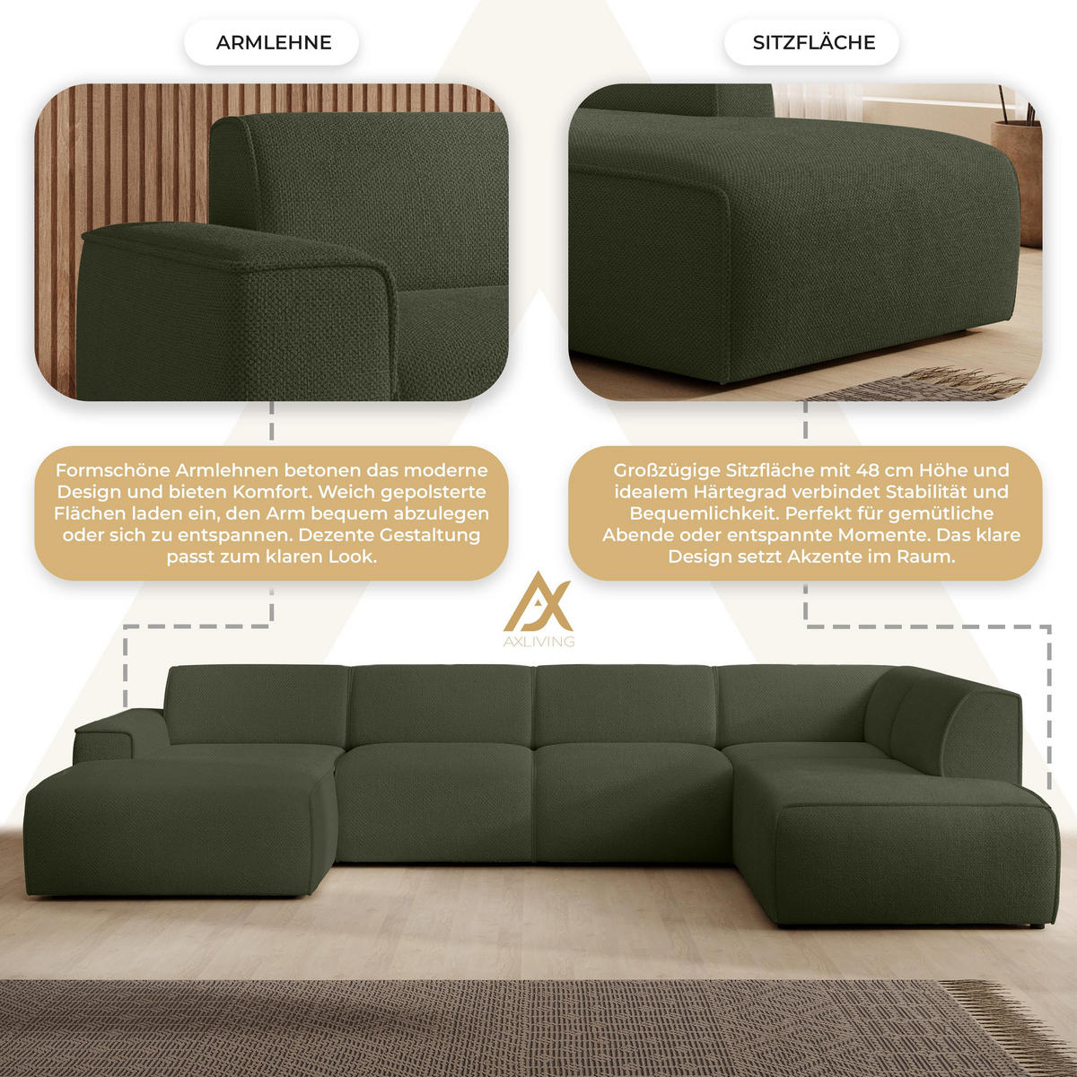 WOHNLANDSCHAFT Didim Grün 378/220/78 cm – großes Sofa stilvoll & bequem R - Schwarz/Grün, Kunststoff/Textil (378/78/220cm) - AX Living
