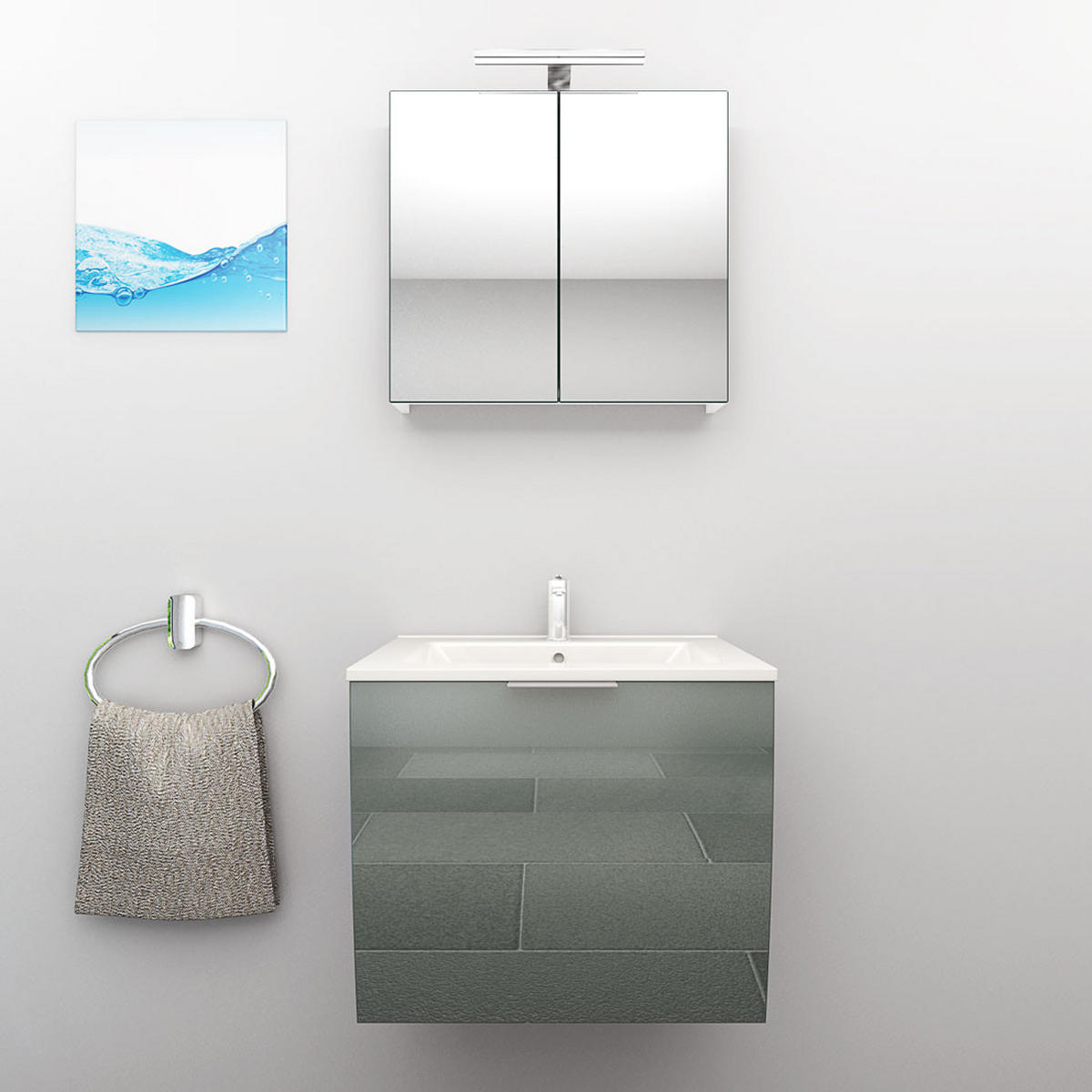 BADMÖBEL Set Gently 1 V1 Weiß/Grau MDF Waschtisch 60cm ohne LED-Beleuchtung - Grau, Glas/Kunststoff (46/52/60cm) - AcquaVapore by Sandra Jentho