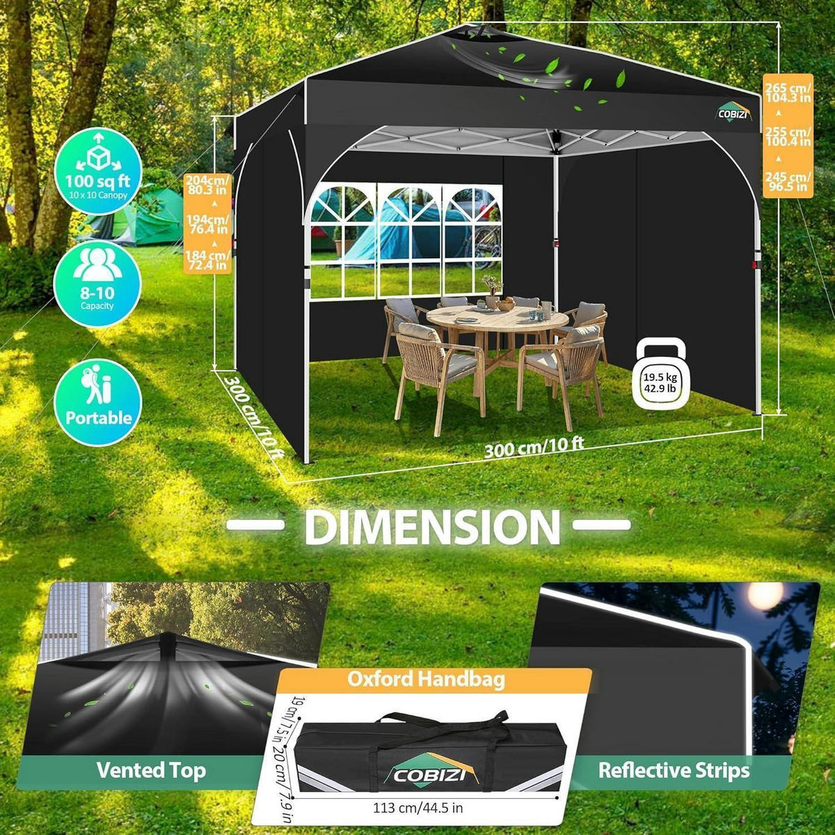 FALTPAVILLON 3x3m Schwarz mit 3 Seitenteilen - Schwarz, Textil (300/204/204cm)