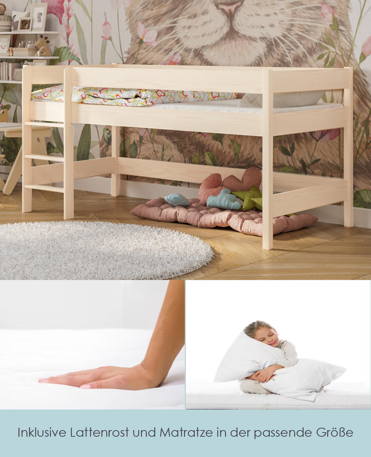 HOCHBETT Leo 200x90 naturweiß mit Matratze - Naturfarben, Holzwerkstoff (90/200cm) - LUKDOM