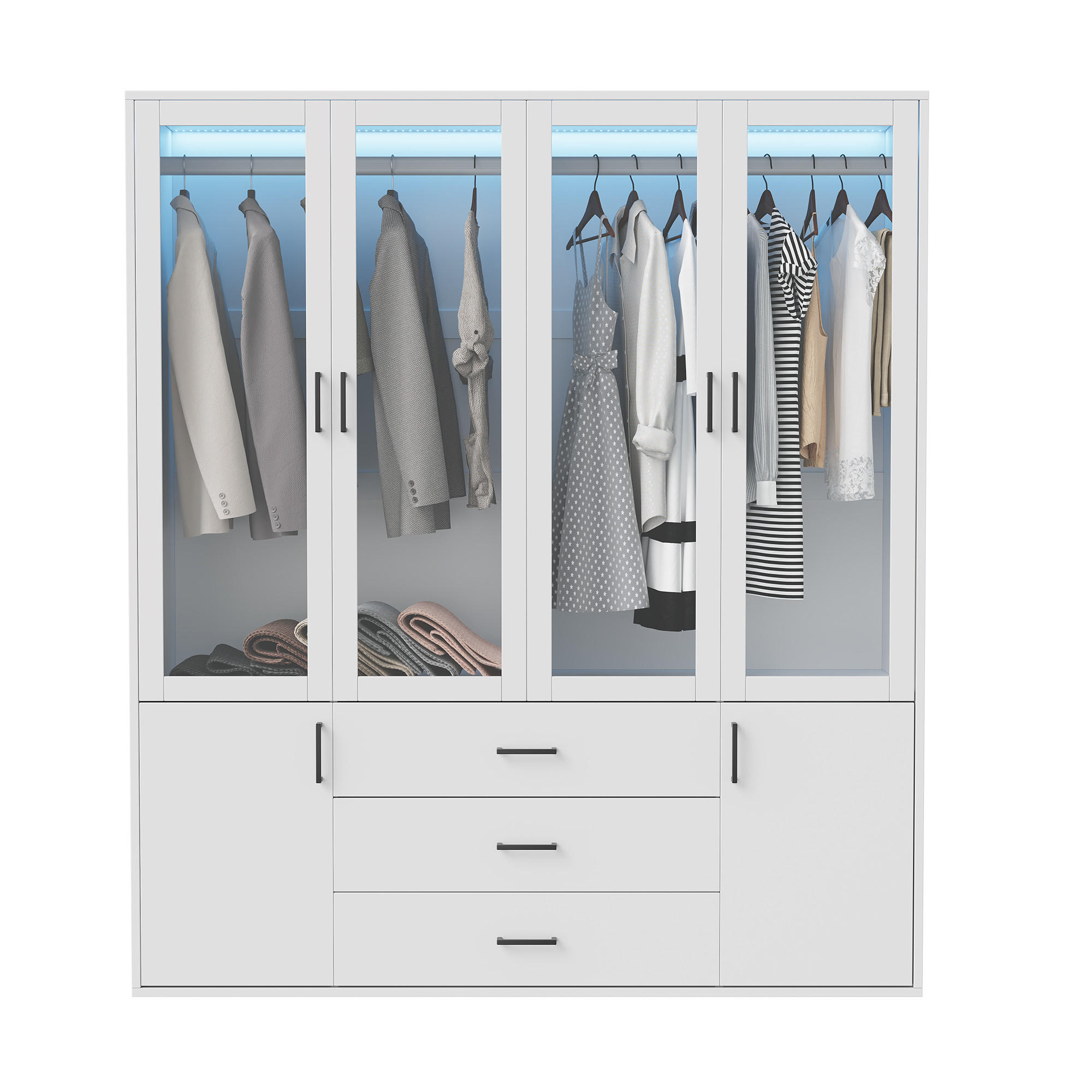 KLEIDERSCHRANK 4-türig Weiß mit Glastüren & LED-Licht - Weiß, Holzwerkstoff (51.8/182/160cm) - SHOPENTRA