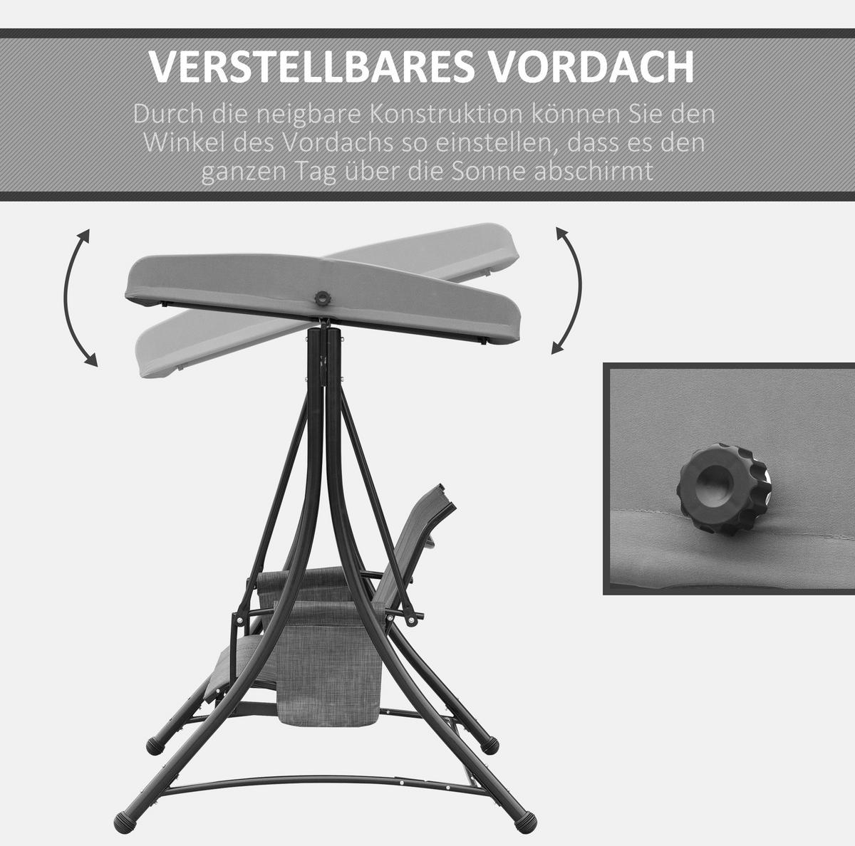 HOLLYWOODSCHAUKEL 196/128/172 cm mit verstellbarem Sonnendach, 3-Sitzer und Seitentaschen aus Metall, Dunkelgrau - Dunkelgrau, Metall (128/172/196cm) - Redom