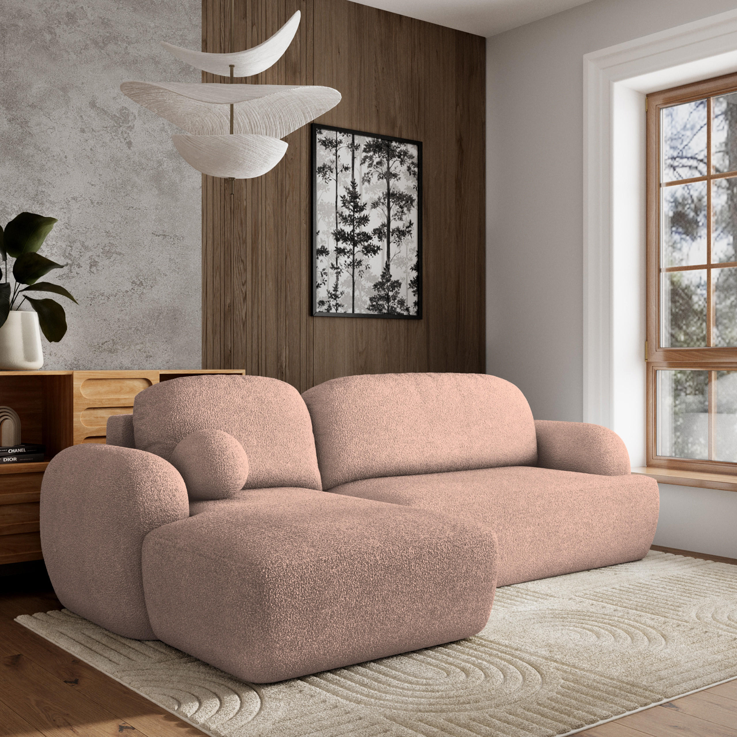 ECKSOFA MODENZA N L-S Rosa Boucle-Stoff mit Schlaffunktion - Rosa, Holz (266/148cm) - MASSENO