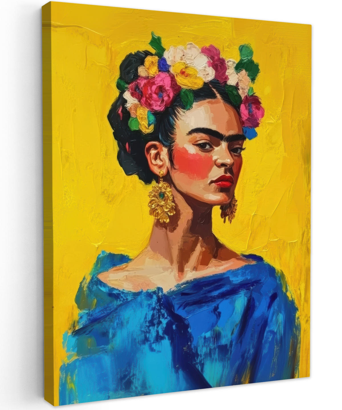 LEINWANDBILD Frida Kahlo - Frau - Gelb - Blau - Blumen 60x80 cm - Gelb, Textil (60/80cm) - MuchoWow