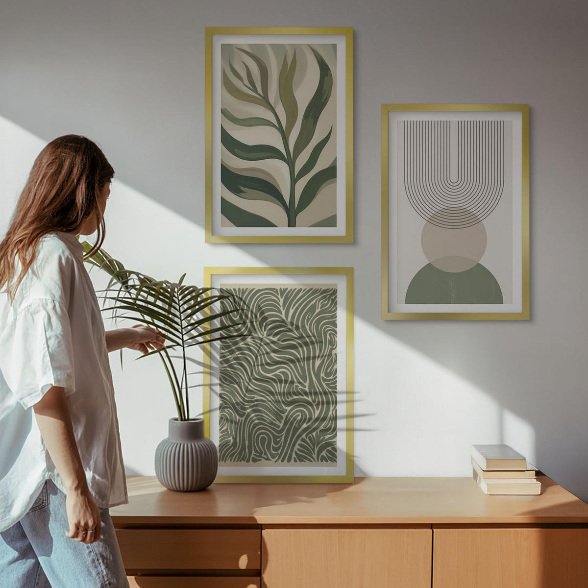 BILDER SET 3er Set - 40x60 cm Goldrahmen - Geometrische Blattformen - Goldfarben, Kunststoff (40/60cm) - TULUP