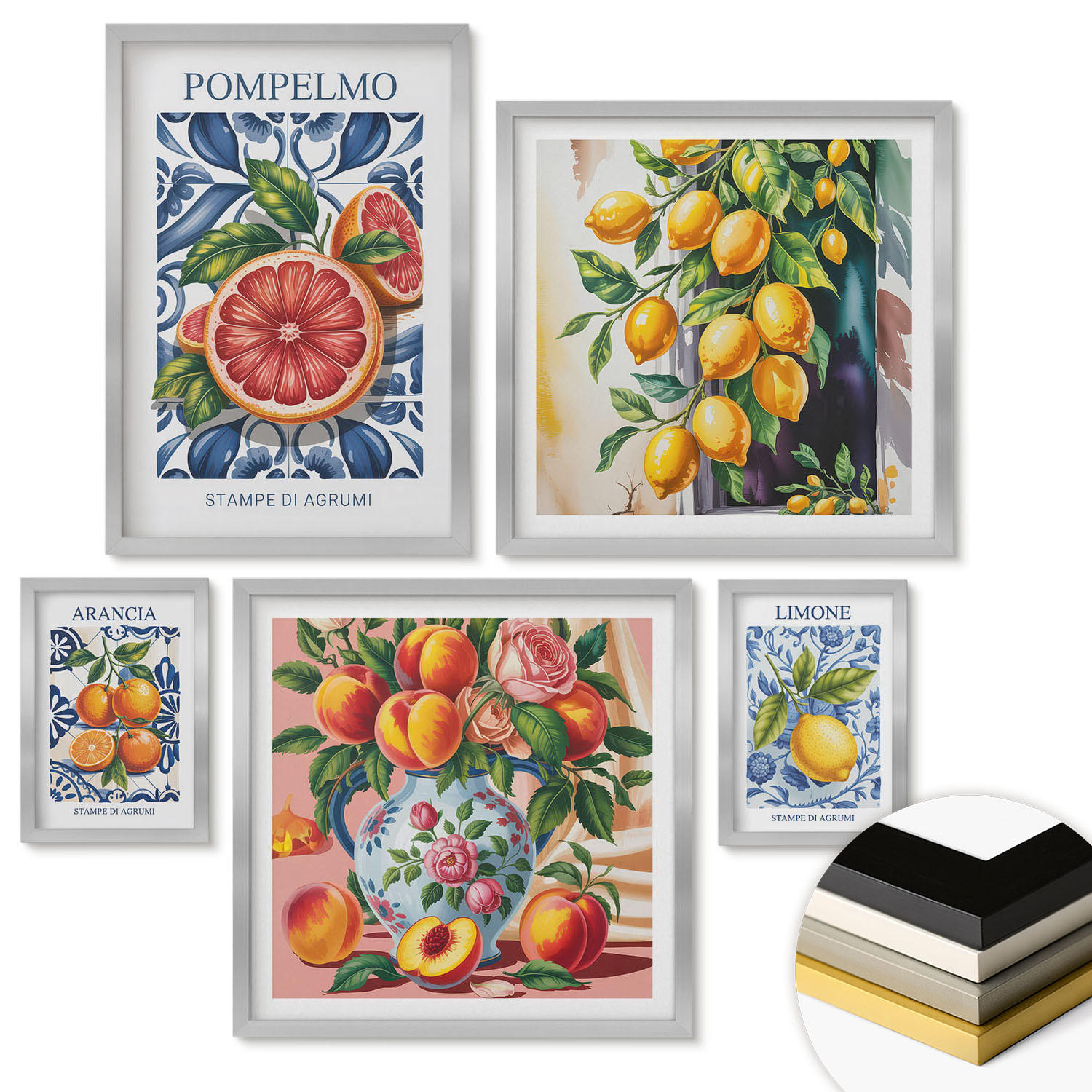 WANDBILDER 5er Set - 50x50 cm & 20x30 cm & 40x60 cm Silberner Rahmen - Illustrationen von Zitrusfrüchten - Silberfarben, Kunststoff (40/60cm) - ArtPrintCave