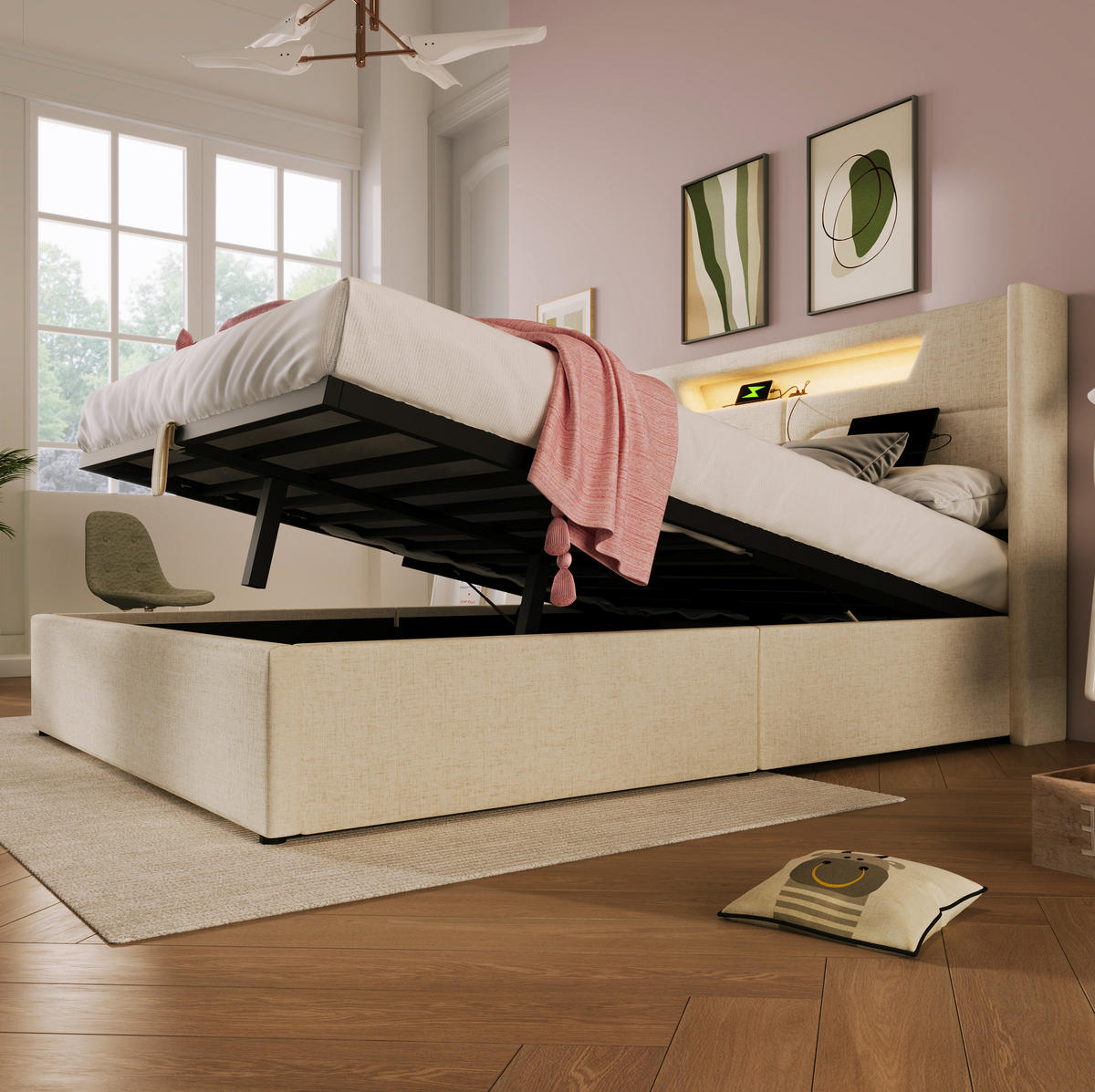 POLSTERBETT mit LED-Beleuchtung 160/200 cm mit Bettkasten, USB-C und gepolstertem Kopfteil - Beige, Textil (160/200cm) - BEAOK