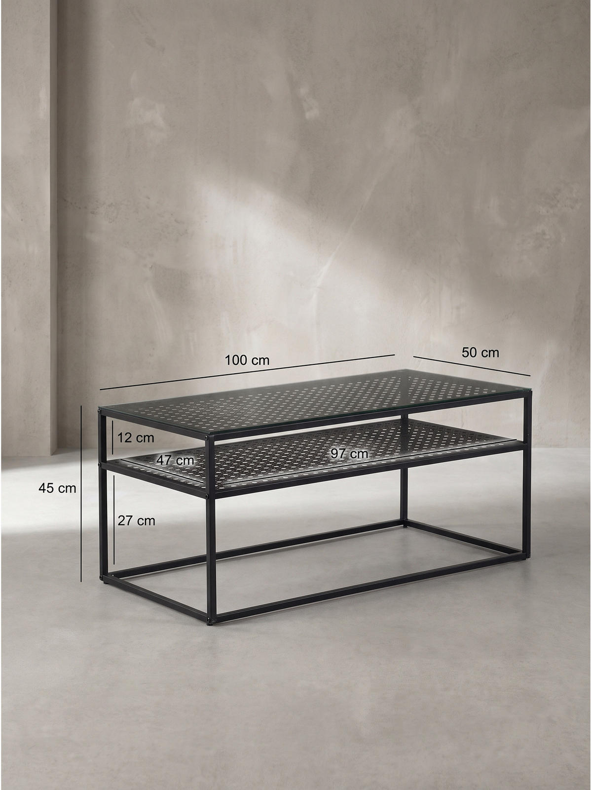 COUCHTISCH ALCUDIA, Einscheibensicherheitsglas, Schwarz, 100 x 50 x 45 cm - Schwarz, Glas/Metall (50/100/45cm) - KADIMA DESIGN