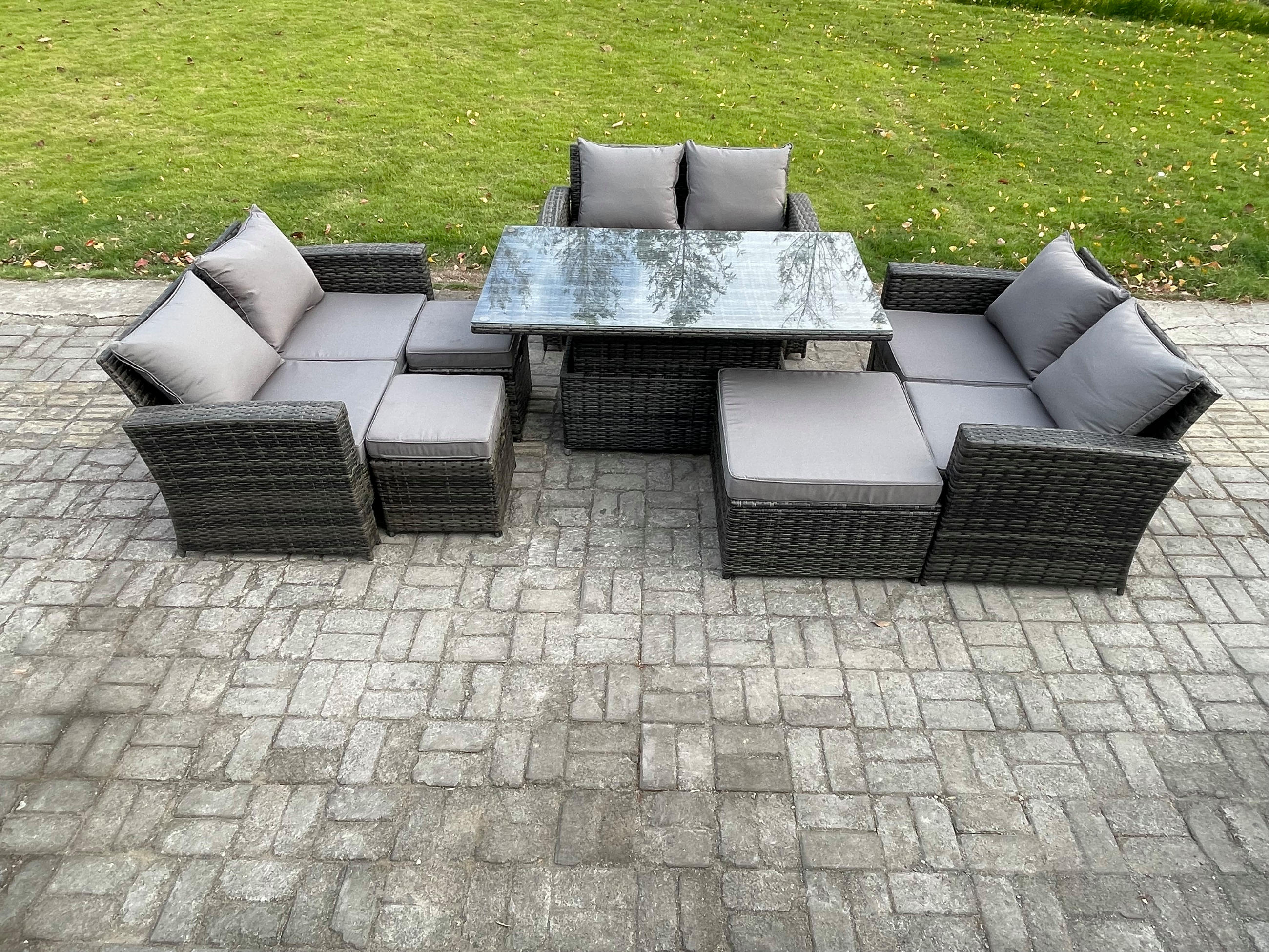GARTENSET Polyrattan Dunkelgrau 9-Sitzer - Dunkelgrau, Metall - Fimous