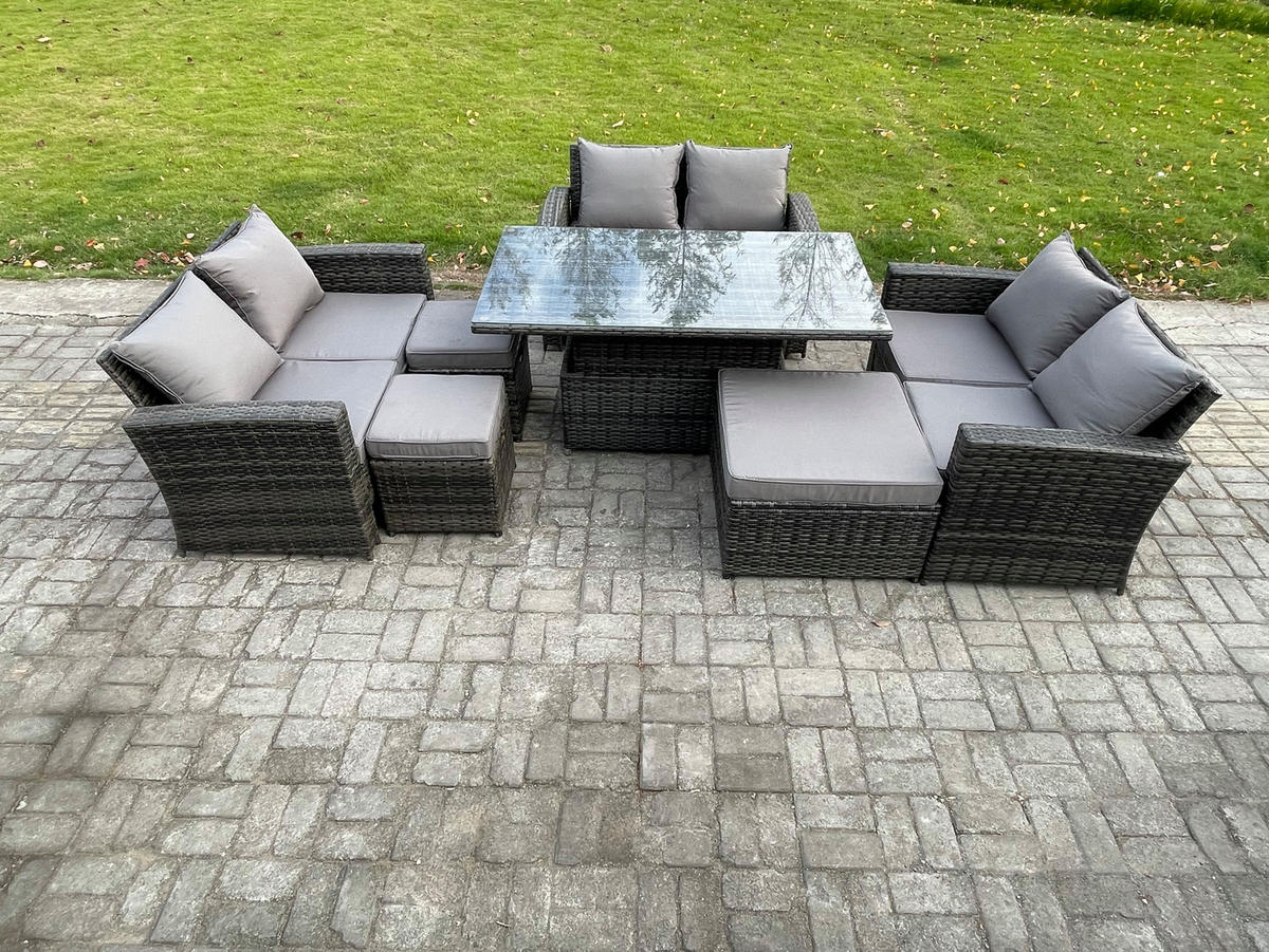 GARTENSET Polyrattan Dunkelgrau 9-Sitzer - Dunkelgrau, Metall - Fimous