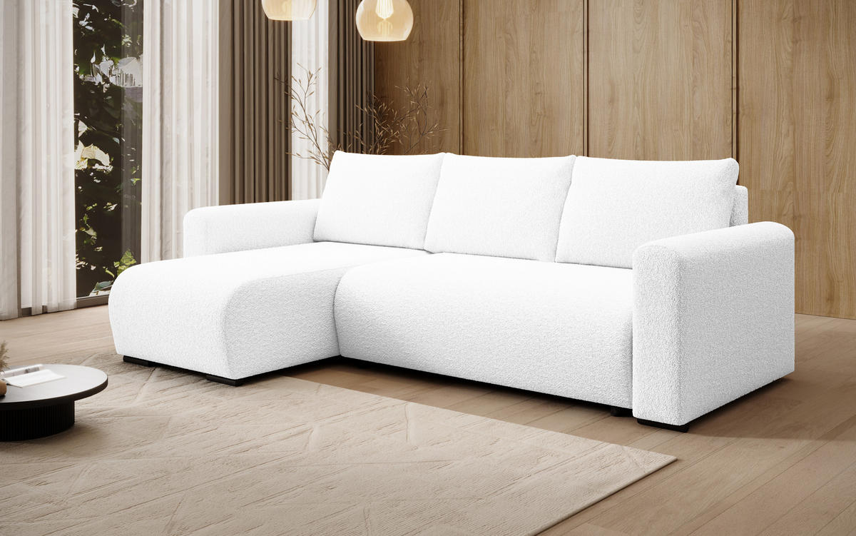 ECKSOFA DORA L, Eckcouch in L-Form mit Schlaffunktion und Bettkasten, Farbe: Weiß, Bouclé-Stoff, Ottomane Links - Weiß, Textil (240/143cm) - Storez24