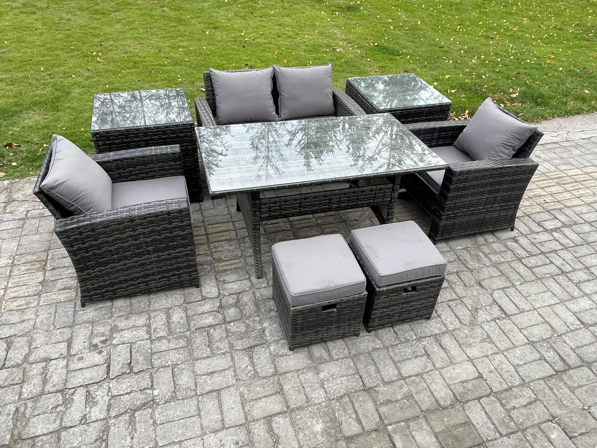 GARTENMÖBELSET mit 2 Sesseln,Zweisitzer,2 kleine Fußhocker,Esstisch,2 Beistelltischen Polyrattan Dunkelgrau 6-Sitzer - Dunkelgrau/Grau, Glas/Kunststoff - Fimous
