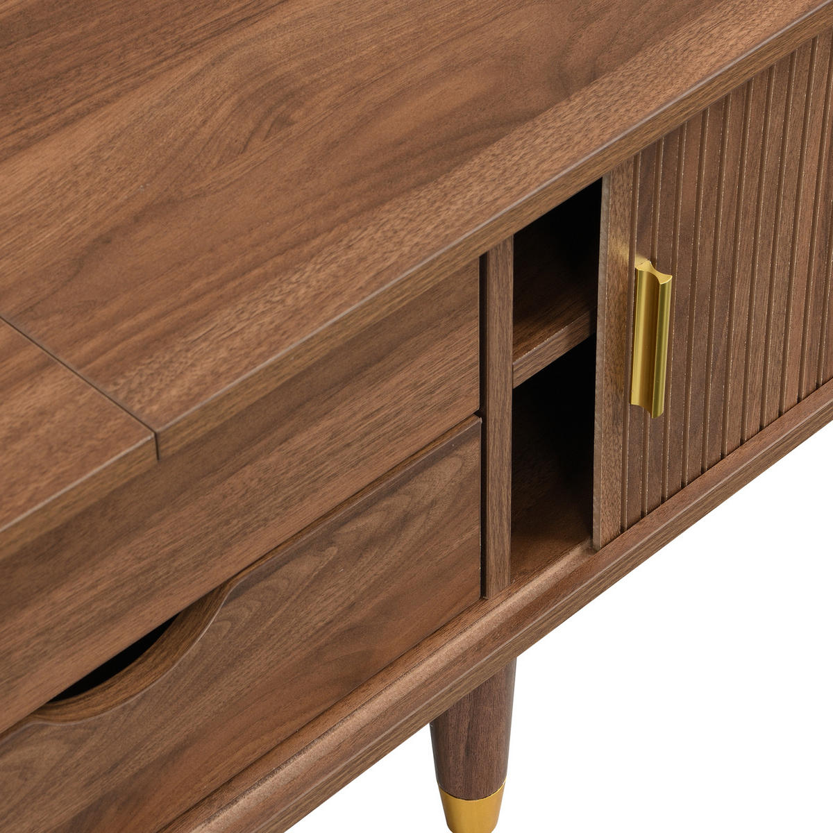 TV-LOWBOARD 175 cm Walnussoptik mit Rattan-Schiebetür, Schubladen & Fächern - Braun, Holz (175/45/38cm) - PARAFTA HOME