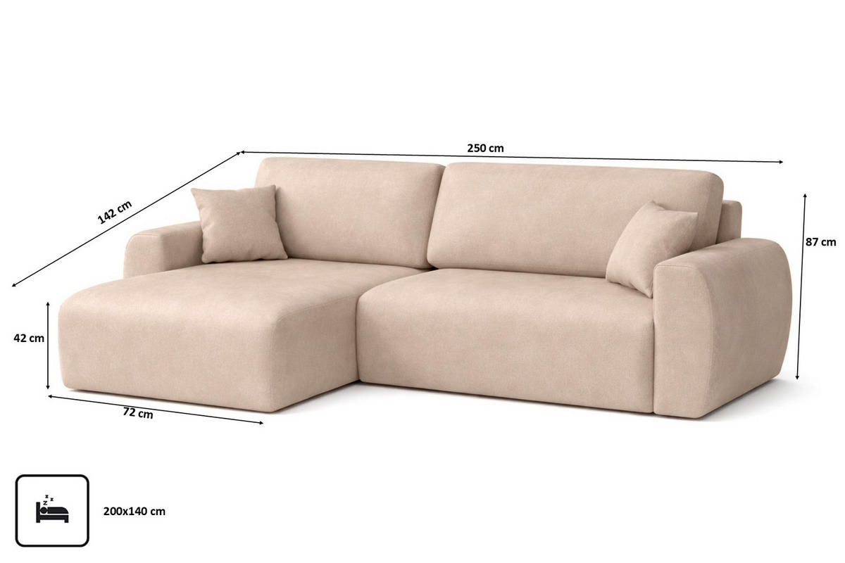 ECKSOFA Mit Schlaffunktion Ariel L, Velours, Stoff Salvador, Beige, Links - Beige, Holz (250/142cm) - Kaiser Möbel