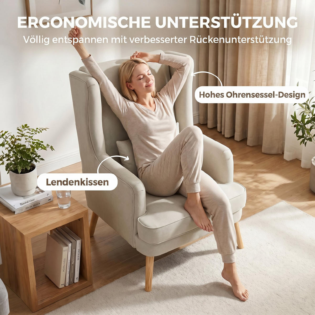 OHRENSESSEL Leinen, Gummiholz Beige - Beige/Naturfarben, Holz/Textil (77/110/77cm) - HOMCOM