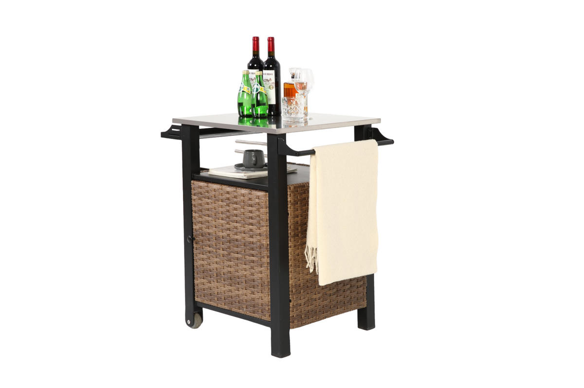 KÜCHENINSEL 76/57/85 cm in Braun mit Rollen und Edelstahl-Arbeitsplatte - Braun, Metall (57/85/76cm) - Flora Grace