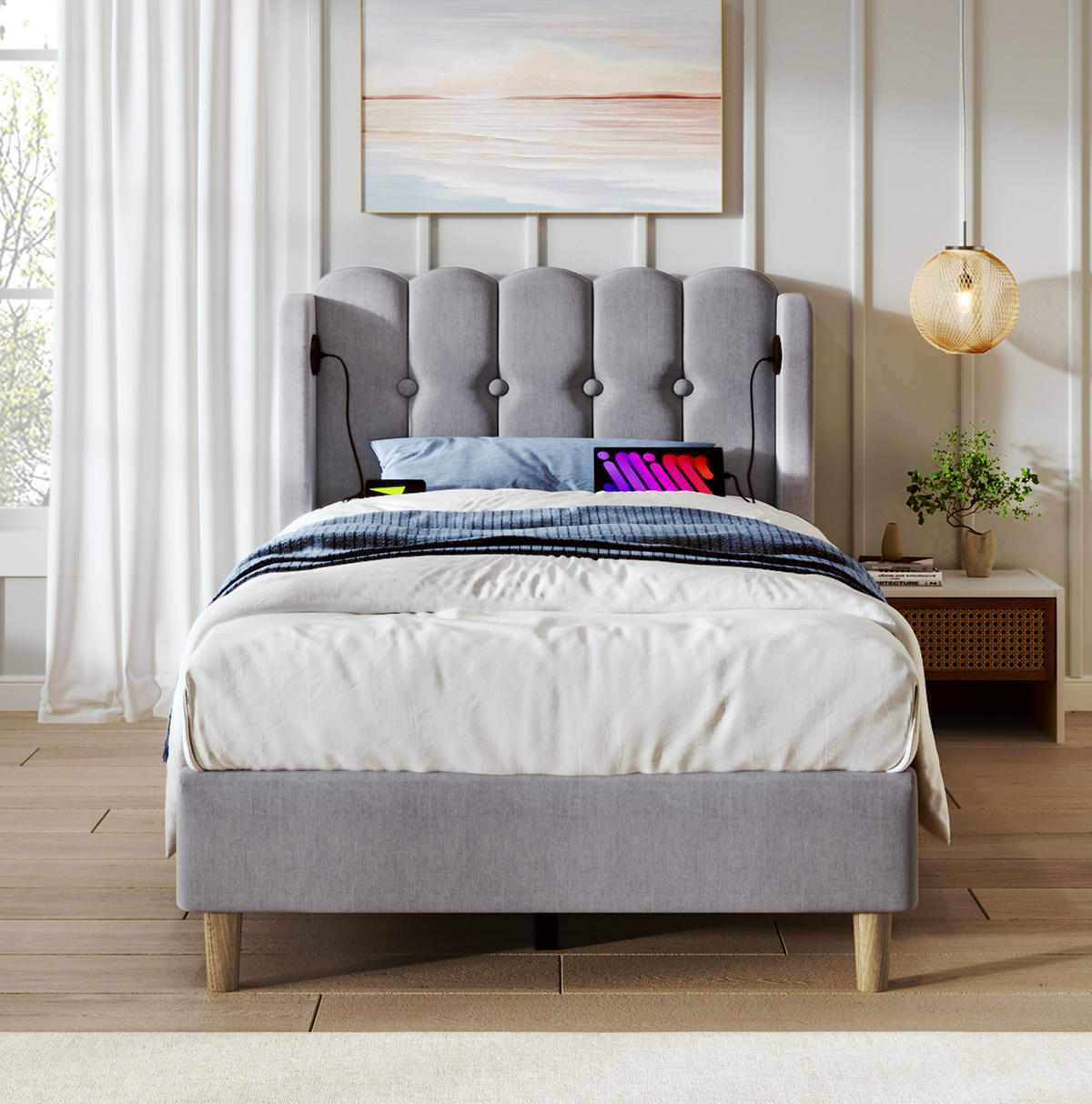 POLSTERBETT 90/200 cm Grau mit Matratze und USB- und Type-C-Anschlüssen - Grau, Textil (90/200cm) - Flora Grace