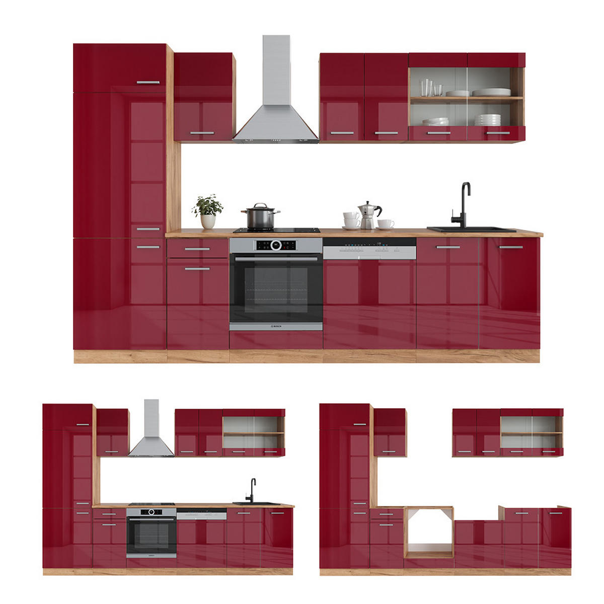 KÜCHENZEILE R-Line Rot Hochglanz/Goldkraft Eiche 300 cm , AP Eiche - Rot/Eiche Wotan, Holzwerkstoff (300/81.6/60cm) - Vicco