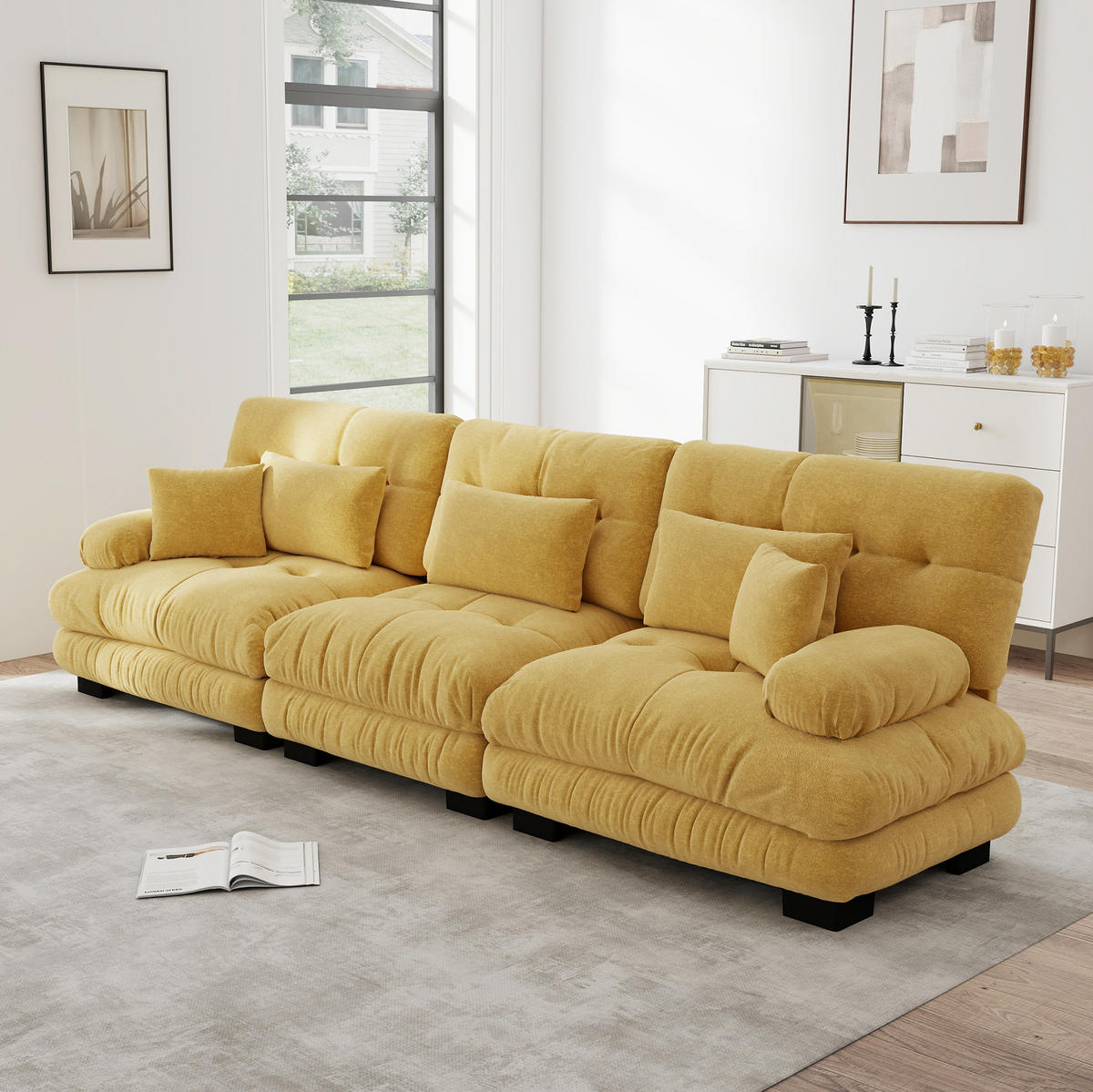 ECKSOFA 313/77/81 cm gmodular gelb aus Chenille mit Tiefensitz und Rundarmlehnen - Gelb, Textil (77/313cm) - OKWISH