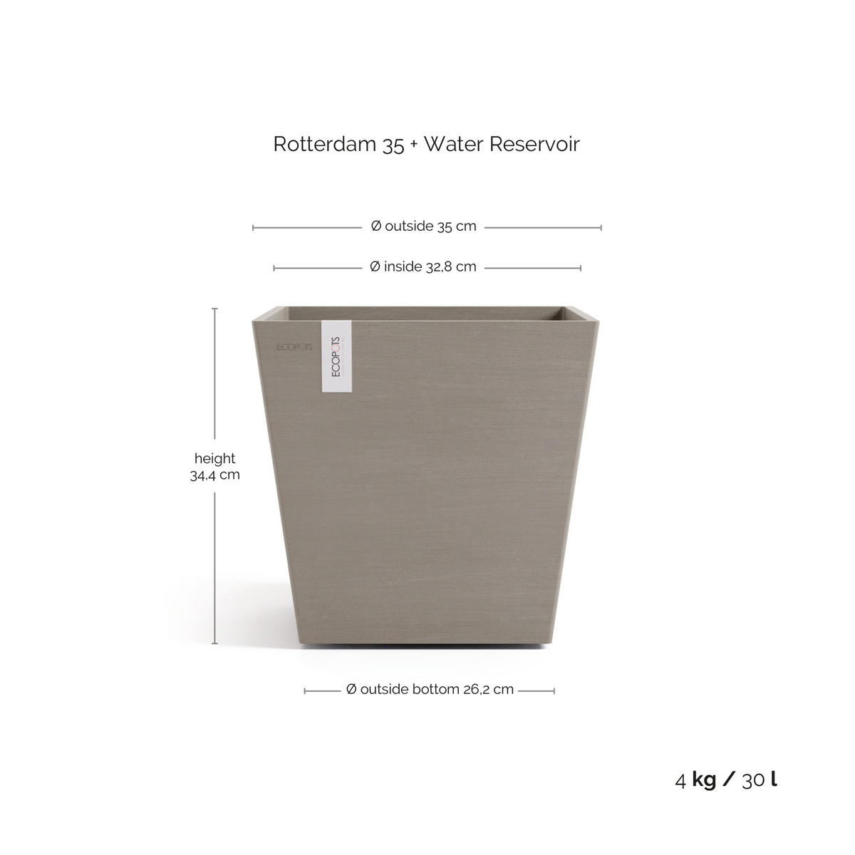 BLUMENTOPF mit Wasserreservoir Rotterdam 35/35/34,4 cm Taupe - Taupe, Kunststoff (35/34.4cm) - Ecopots
