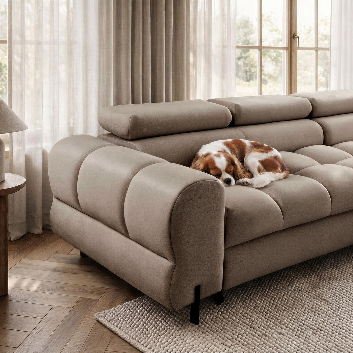 ECKSOFA UFFO L Rechts mit Schlaffunktion 260x195 Velours Beige - Beige/Schwarz, Holz/Textil (195/260cm) - Muffo