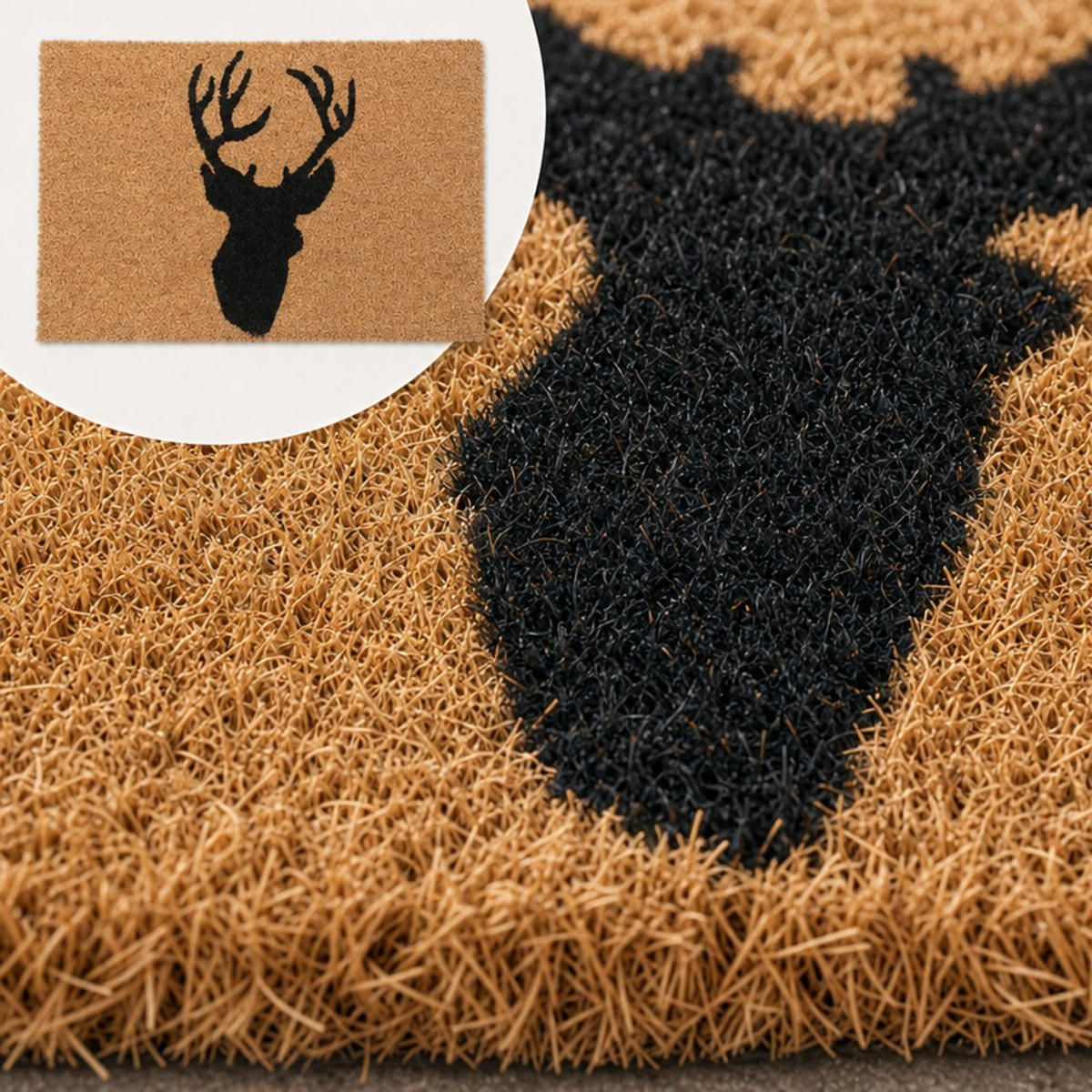 FUSSMATTE Natur Schwarz Kokos Hirsch 60x40 cm - Hellbraun, Kunststoff/Textil (60/40cm) - Relaxdays