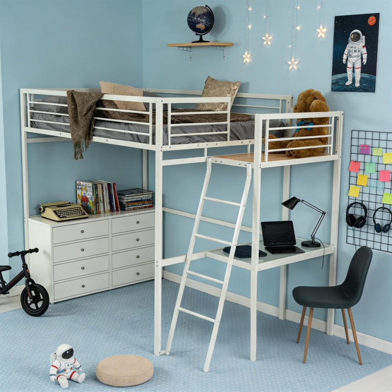 HOCHBETT Metall Weiß 140x200 cm – Loftbett mit Arbeitsbereich, Leiter und Sicherheitsgeländer - Weiß, Metall (145.5/201cm) - Meubles Cosy
