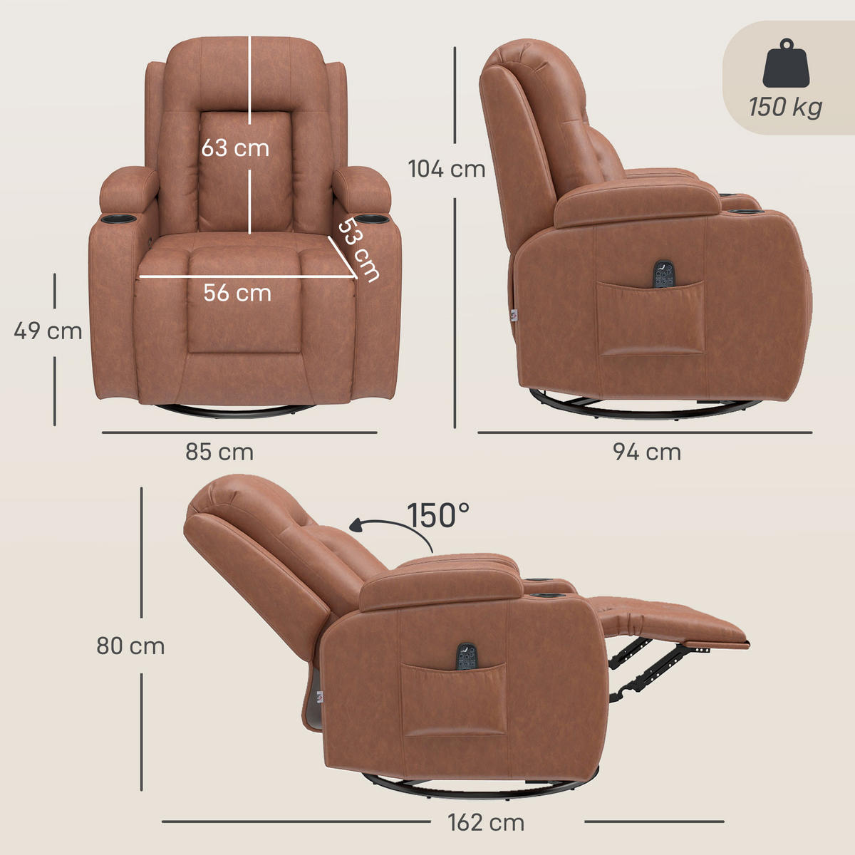 MASSAGESESSEL,MANUELL 150° Wärme Fernbedienung Getränkehalter PU-Leder,hellbraun - Braun, Leder (85/104/94cm) - Vallsero