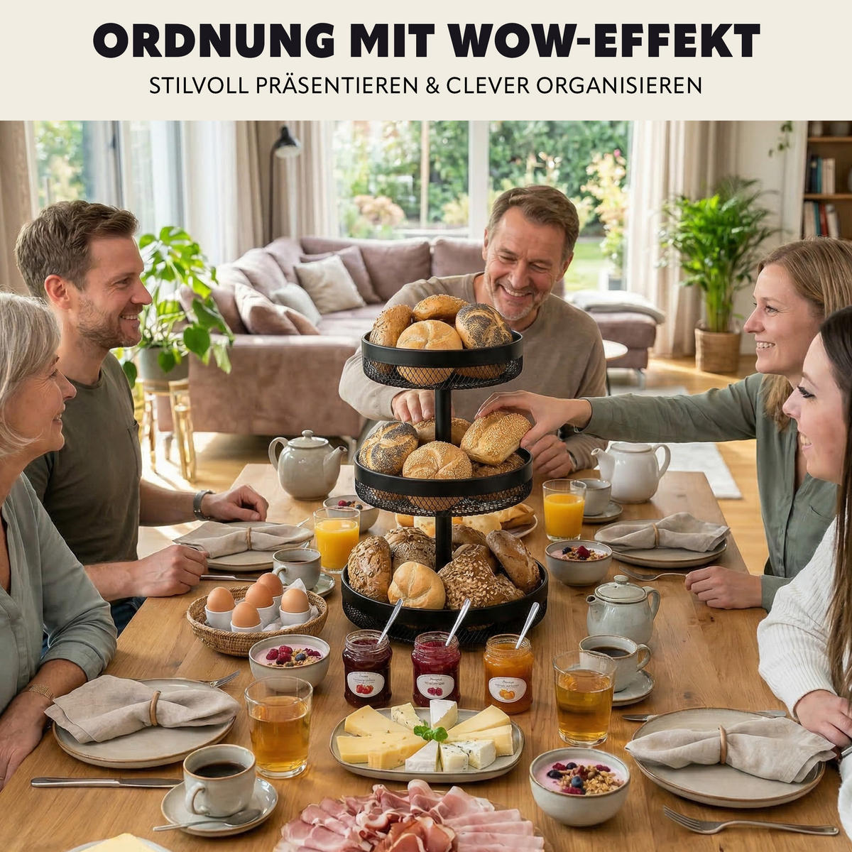 OBSTETAGERE rund, 3-stöckig, Ø 20 cm, 25 cm und 30 cm, schwarz, Metall - Schwarz, Metall (42cm) - eluno