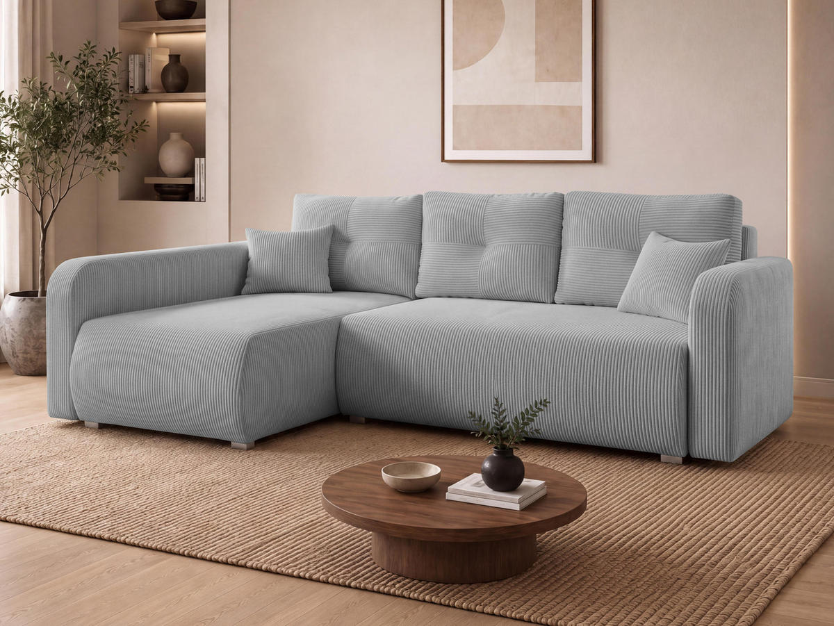 ECKSOFA Viena Cord, Seite: Links - Silberfarben/Hellgrau, Holz/Kunststoff (234/145cm) - MIRJAN24