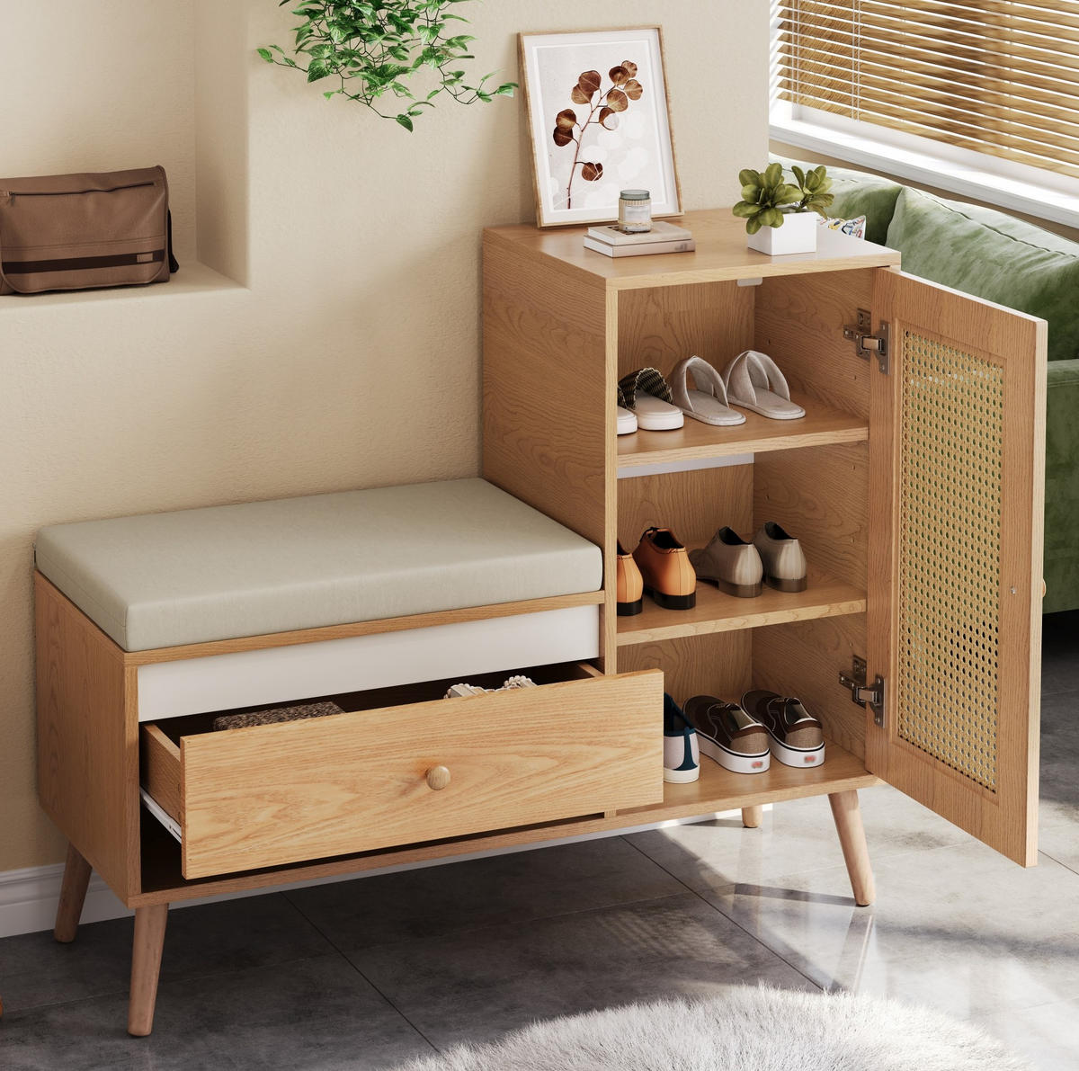 SCHUHSCHRANK 95,5/35/80,5 cm mit Sitzkissen, Schubladen und Rattan-Optik aus MDF und Holzwerkstoff, Natur - Naturfarben, Holzwerkstoff (95.5/80.5/35cm) - Redom
