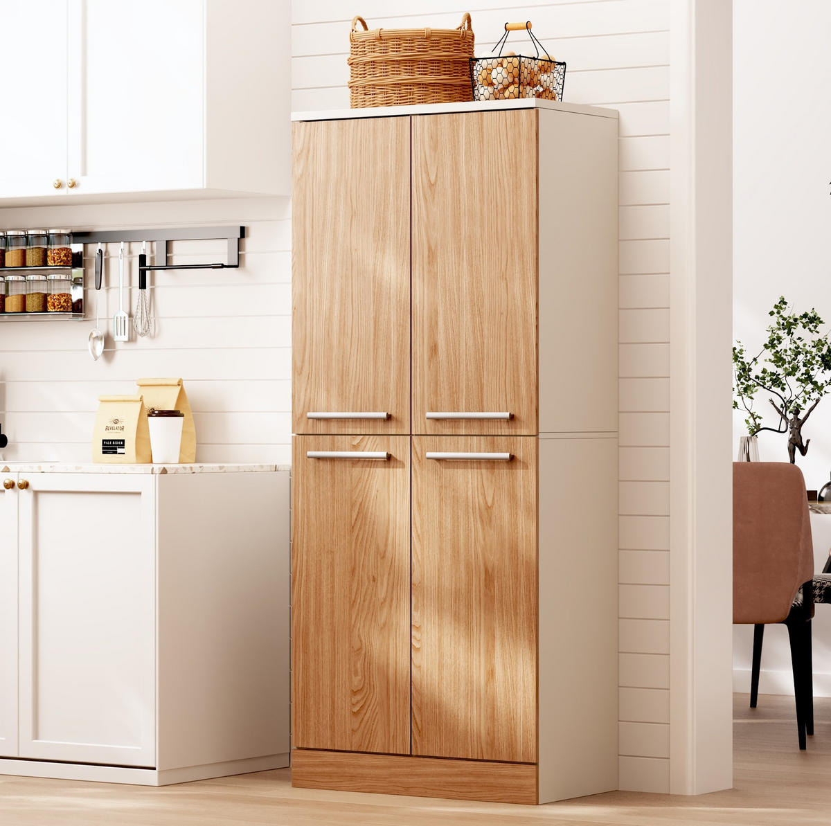 BUFFET 76/42/180 cm aus MDF mit 4 Türen und verstellbaren Einlegeböden Weiß/Natur - Weiß, Holzwerkstoff (76/180/42cm) - Modenvie