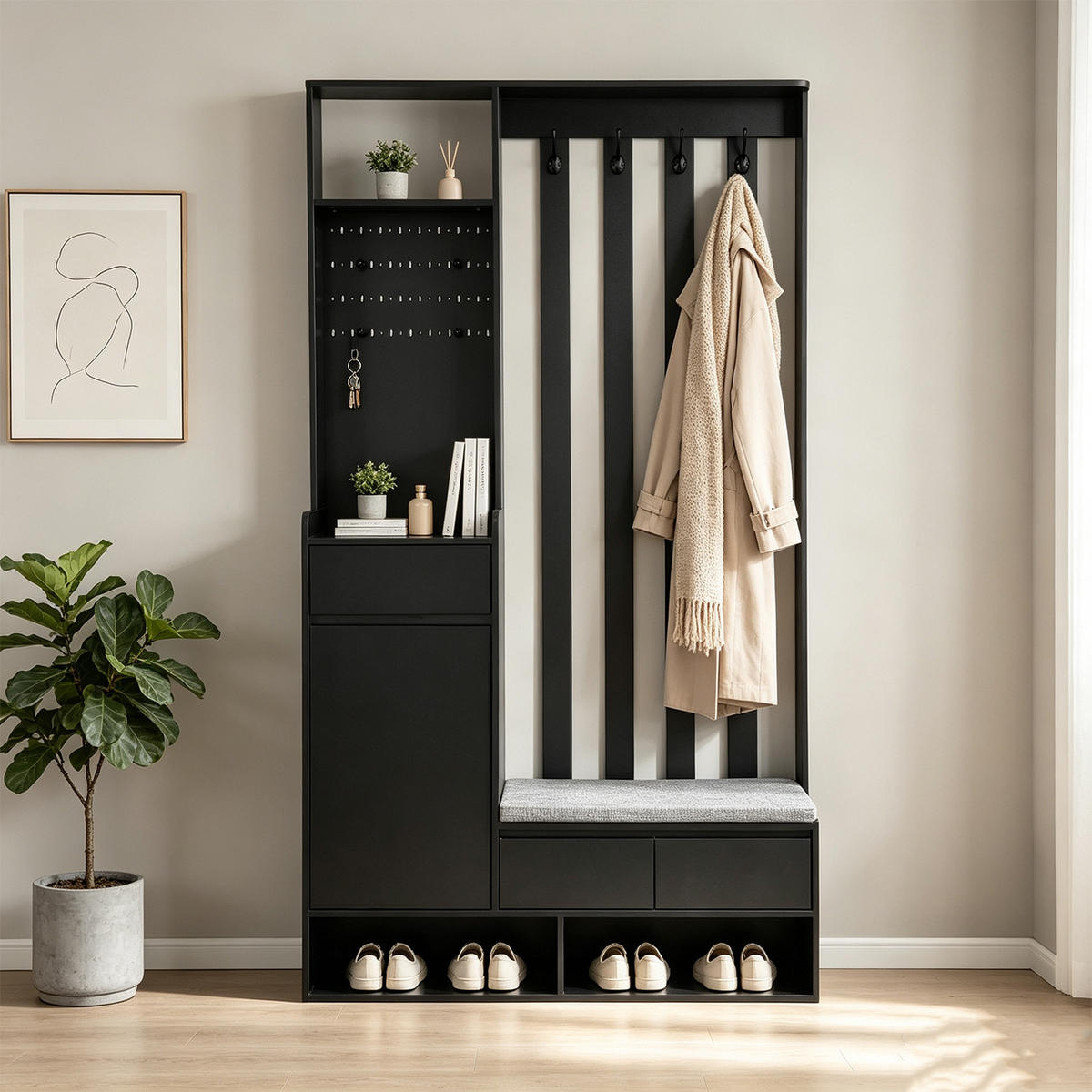 GARDEROBE mit gepolsterter Aufbewahrungsbank und Schuhschrank, schwarz - Schwarz, Holz (35/180/100cm) - Meubles Cosy