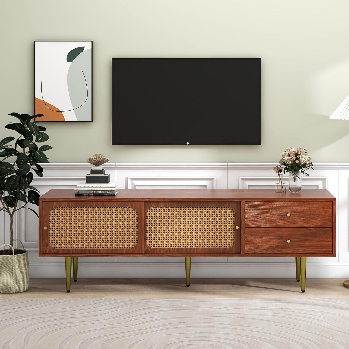 TV-ELEMENT 160/40/60 cm Nussbaumoptik mit Rattan-Schiebetüren und Schubladen - Nussbaumfarben, Holzwerkstoff (40/60/160cm) - Korfee