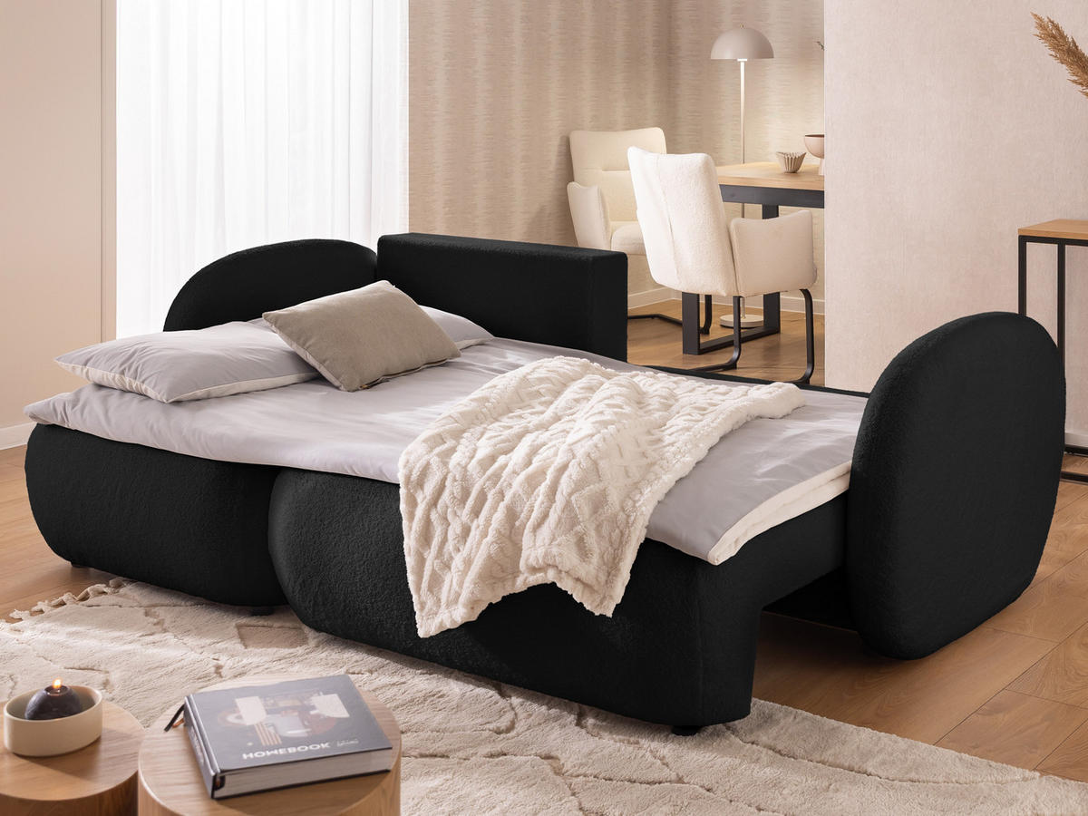 ECKSOFA Candy mit Schlaffunktion Schwarz Bouclé-Stoff - Ottomane links - Schwarz, Holz/Kunststoff (230/146cm) - S-Style Möbel