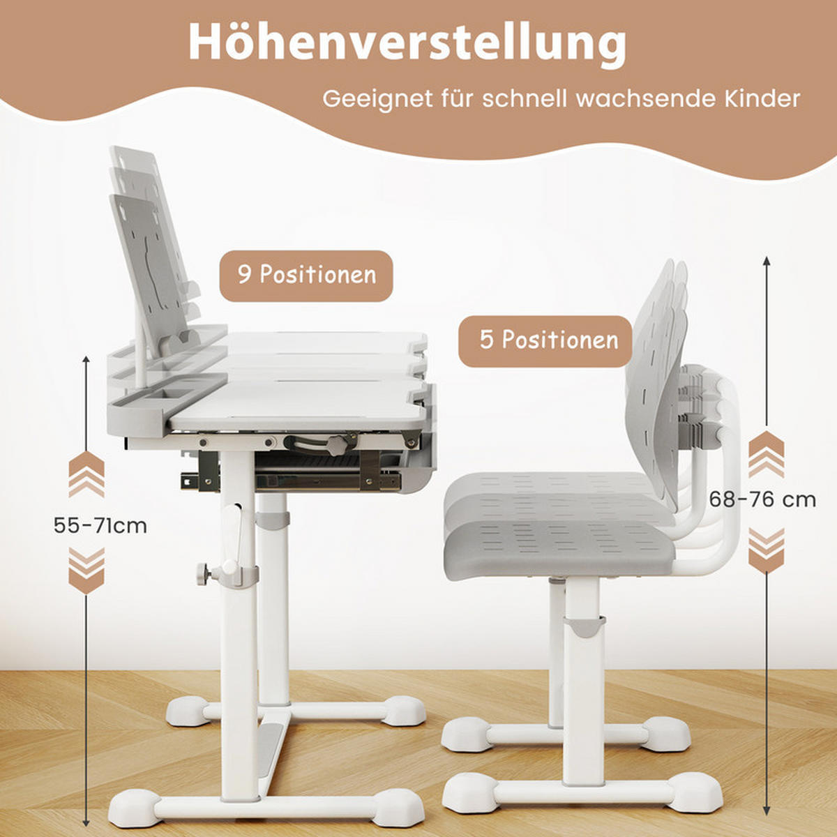 KINDERSCHREIBTISCH mit Stuhl grau(2-tlg) - Grau, Metall (80/83/50cm) - COSTWAY