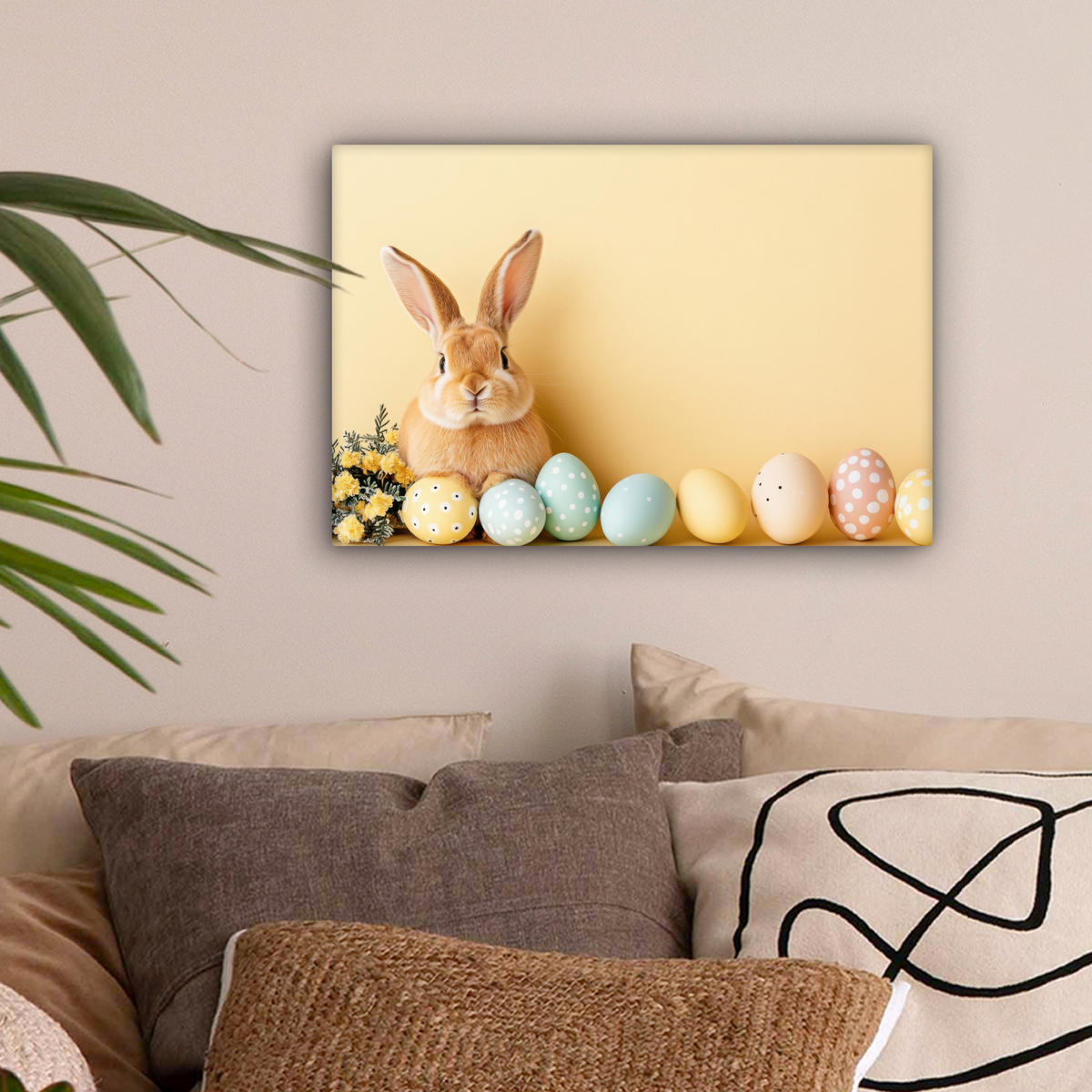 LEINWANDBILD Eier - Kaninchen - Pastellfarbtöne Deko Schlafzimmer 30x20 cm - Hellgelb, Textil (30/20cm) - MuchoWow