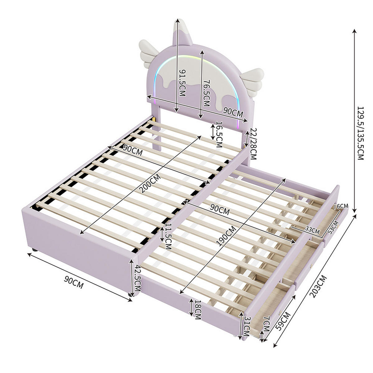 KINDERBETT 90/200 cm in PU Violett mit Einhornform - Lila, Holz/Textil (90/200cm) - KOMHTOM